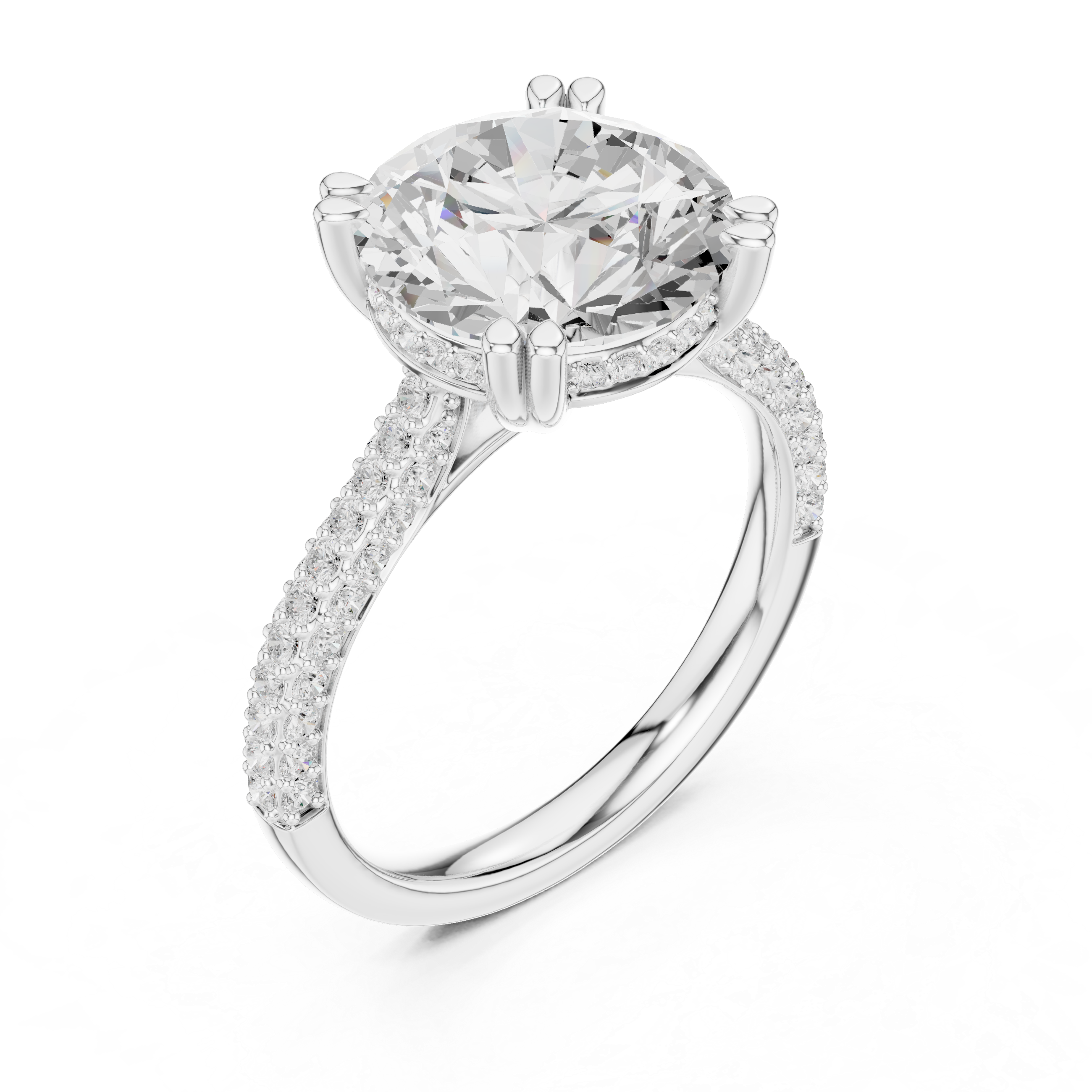 Round Brilliant Cut Solitaire Engagement Ring with Double Pavé Cathedral Band
