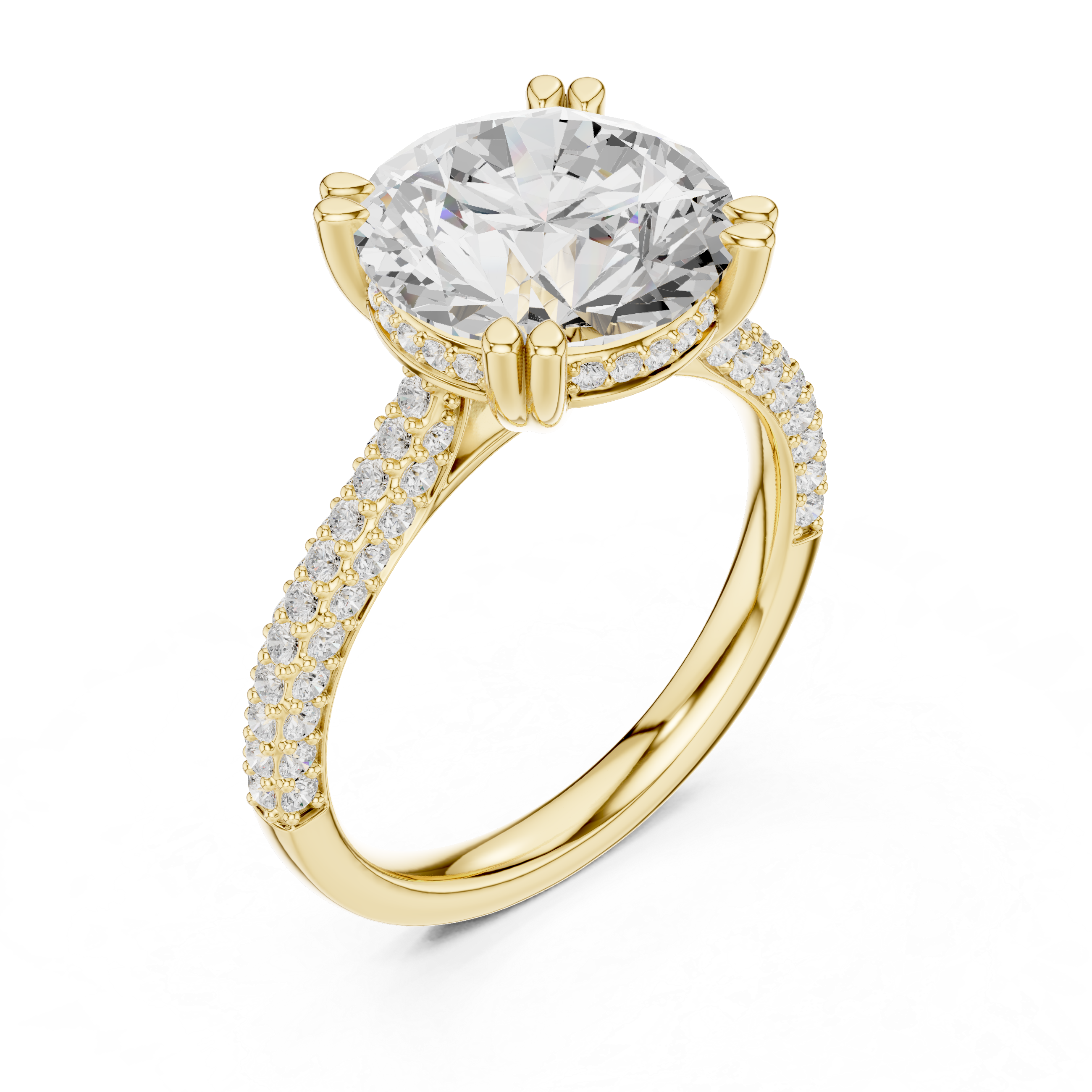 Round Brilliant Cut Solitaire Engagement Ring with Double Pavé Cathedral Band