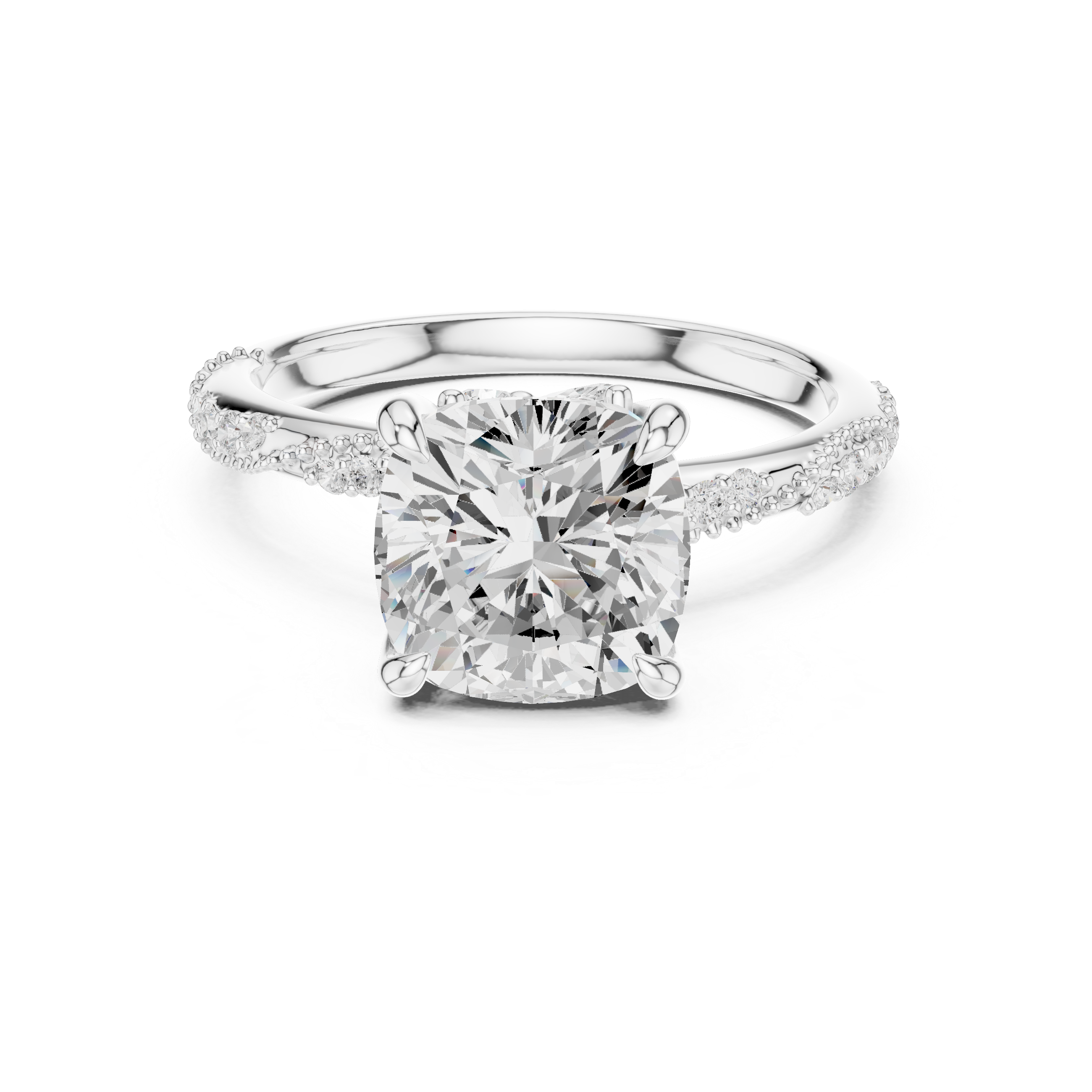 Cushion Cut Solitaire Engagement Ring with Twisted Pavé Band and Hidden Marquise Diamond Accents