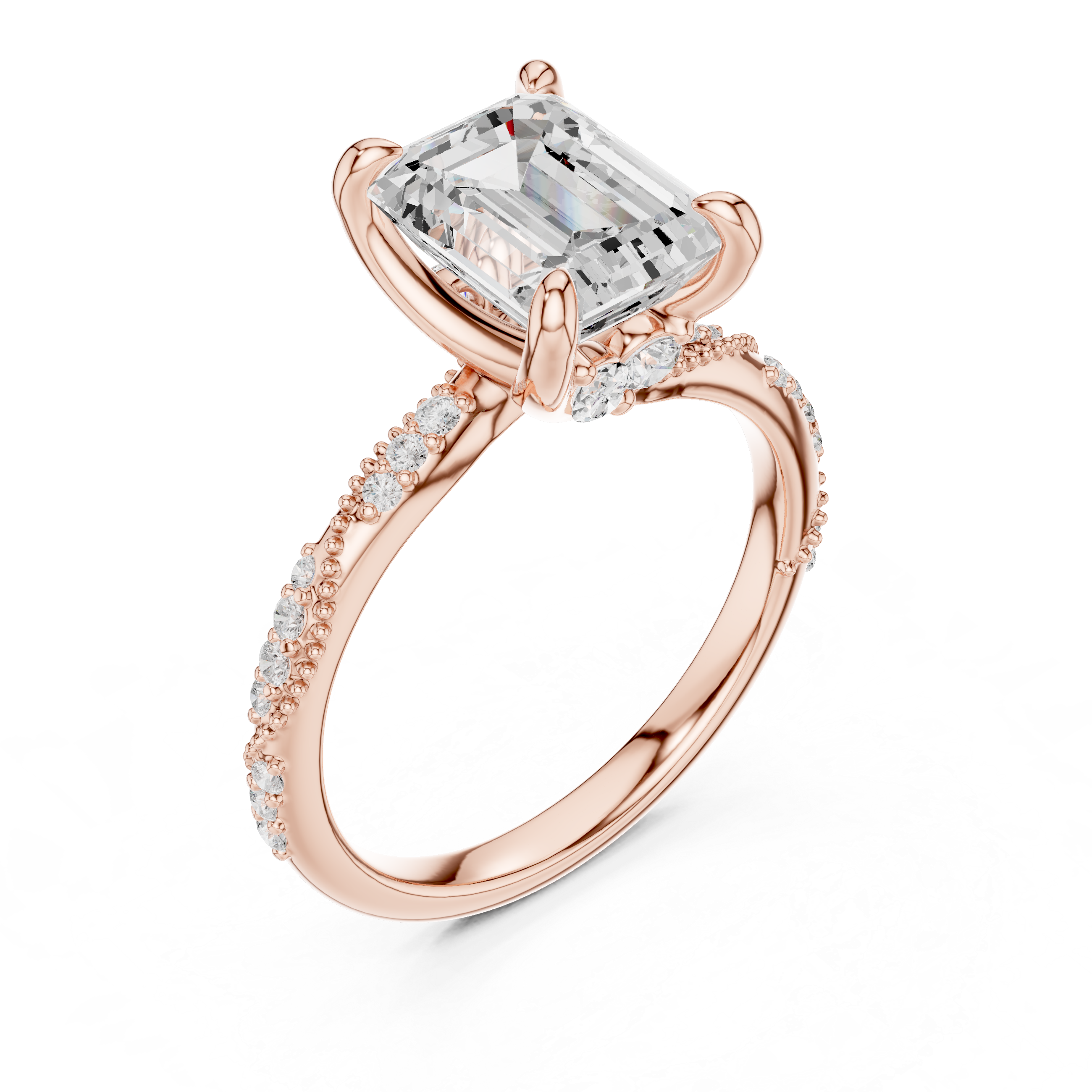 Emerald Cut Solitaire Engagement Ring with Twisted Pavé Band and Hidden Marquise Diamond Accents