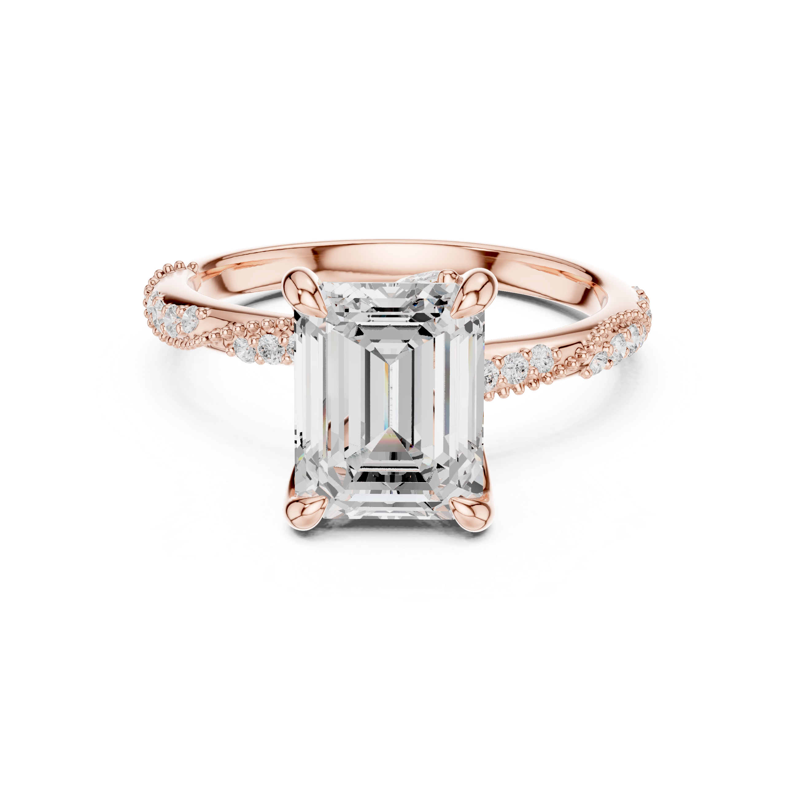 Emerald Cut Solitaire Engagement Ring with Twisted Pavé Band and Hidden Marquise Diamond Accents