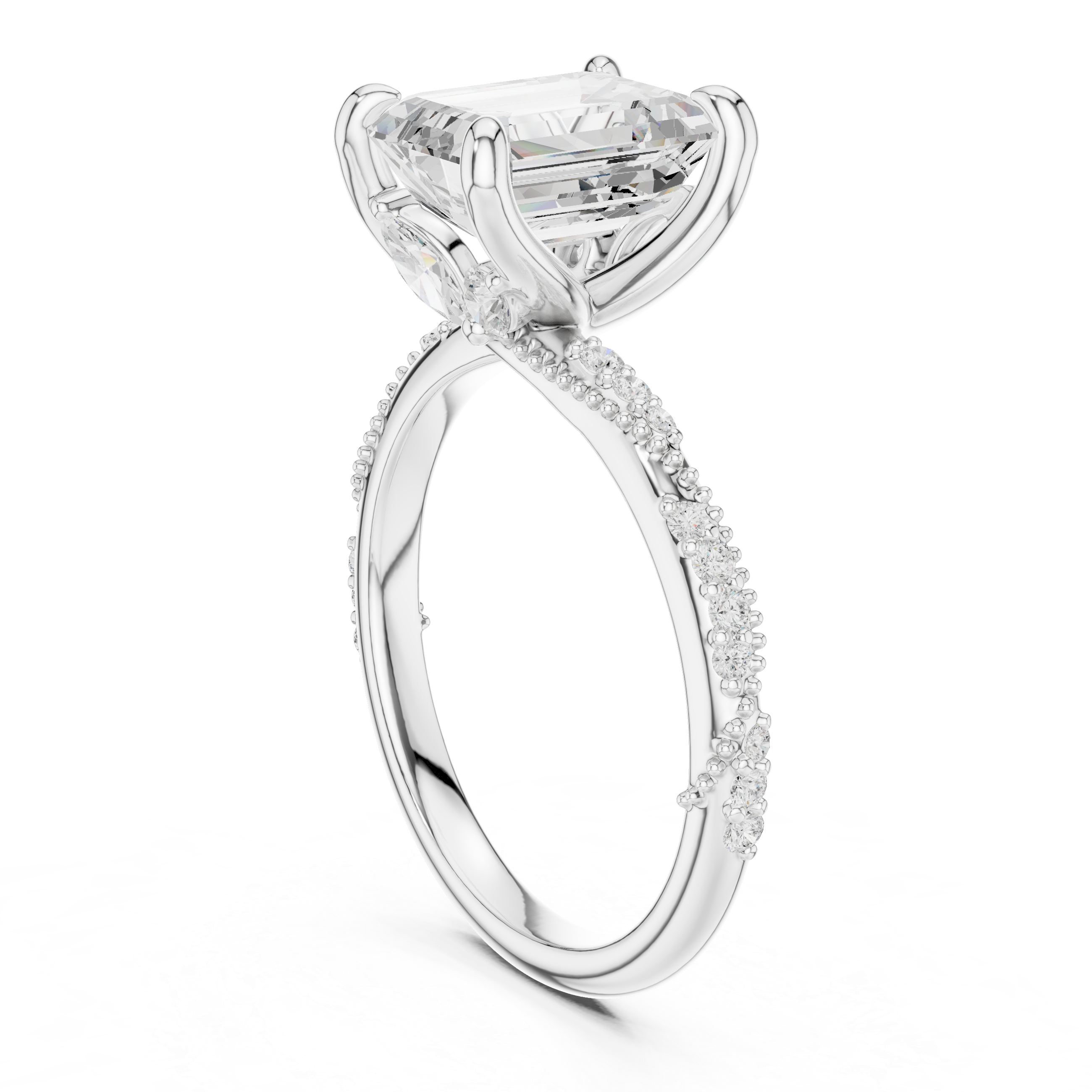Emerald Cut Solitaire Engagement Ring with Twisted Pavé Band and Hidden Marquise Diamond Accents