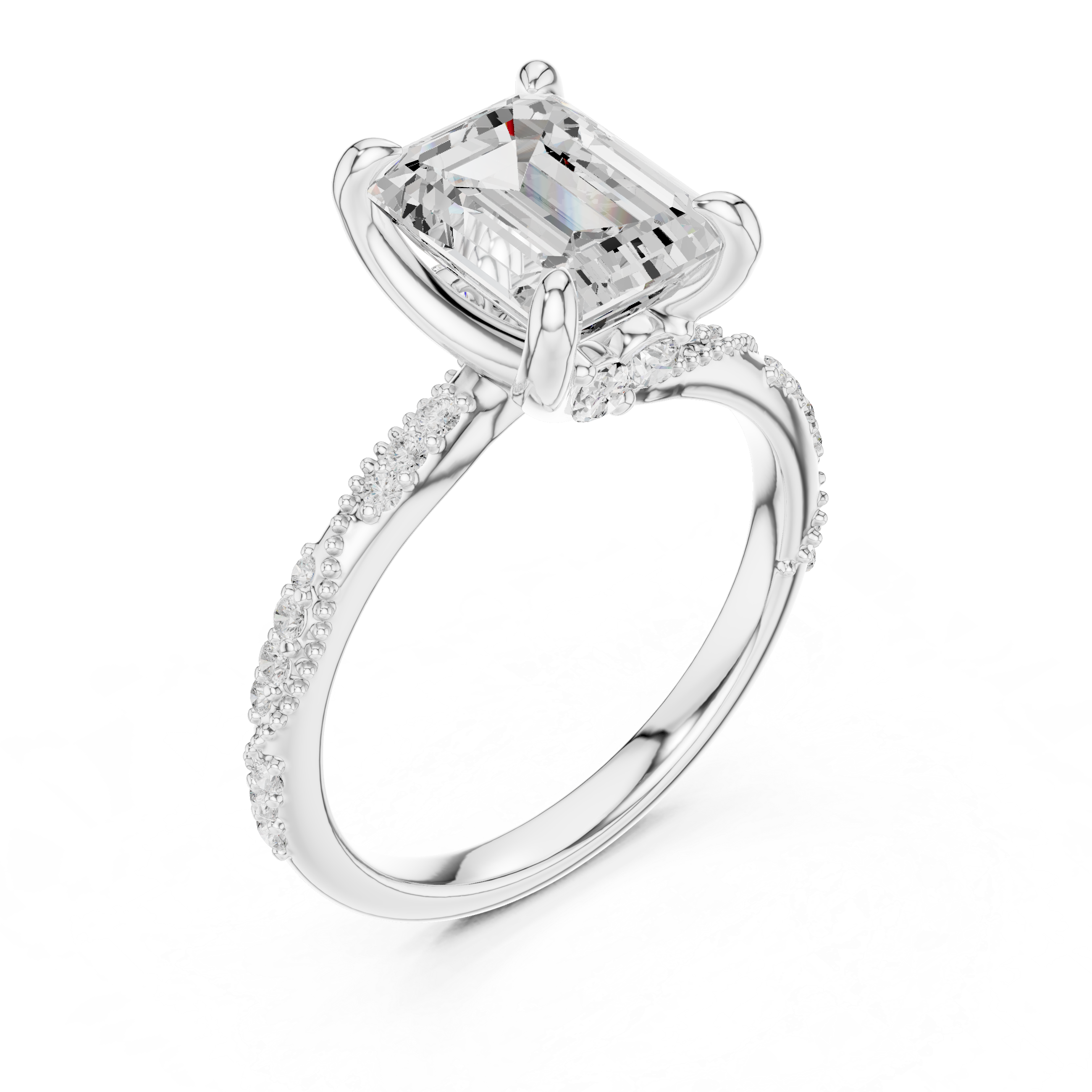 Emerald Cut Solitaire Engagement Ring with Twisted Pavé Band and Hidden Marquise Diamond Accents