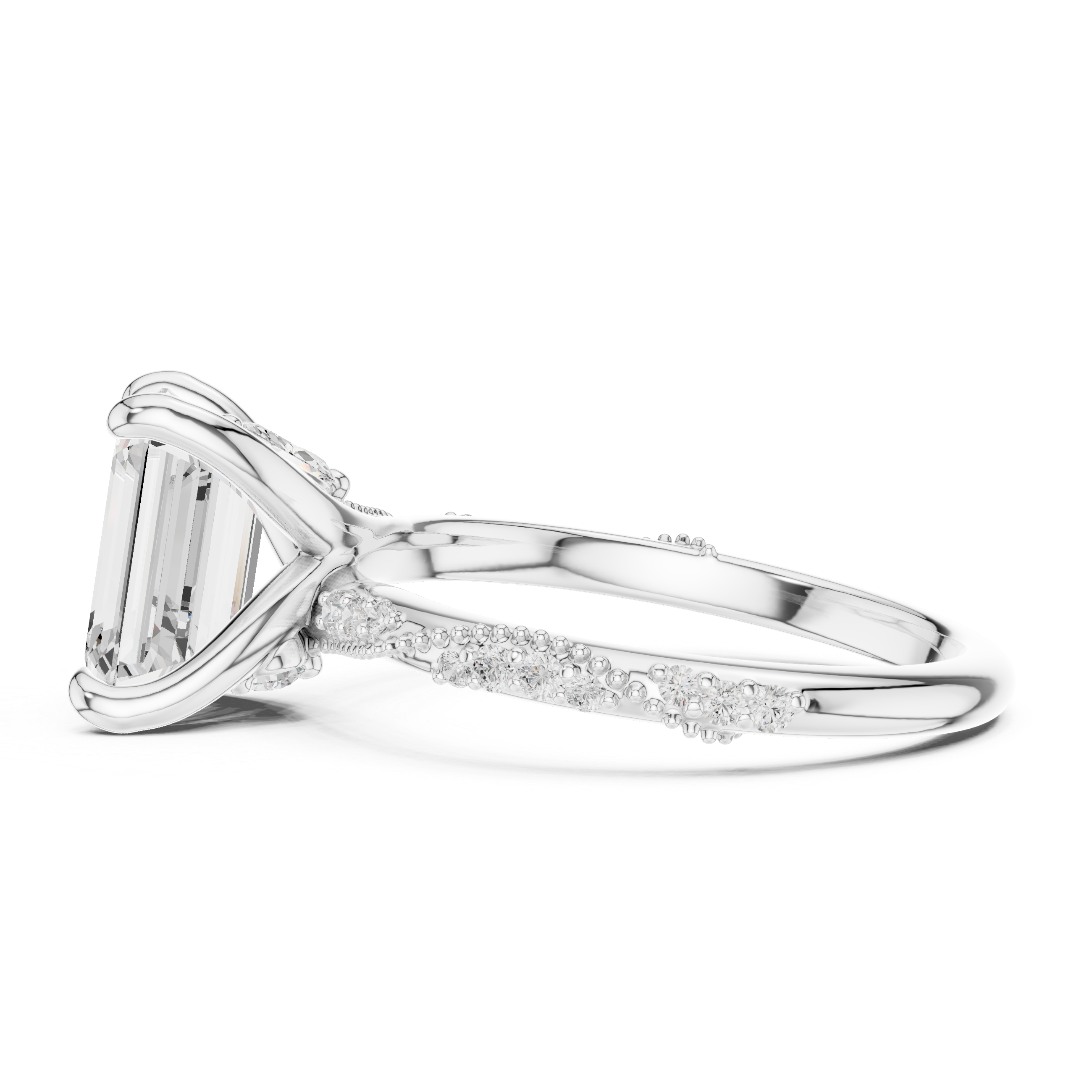 Emerald Cut Solitaire Engagement Ring with Twisted Pavé Band and Hidden Marquise Diamond Accents
