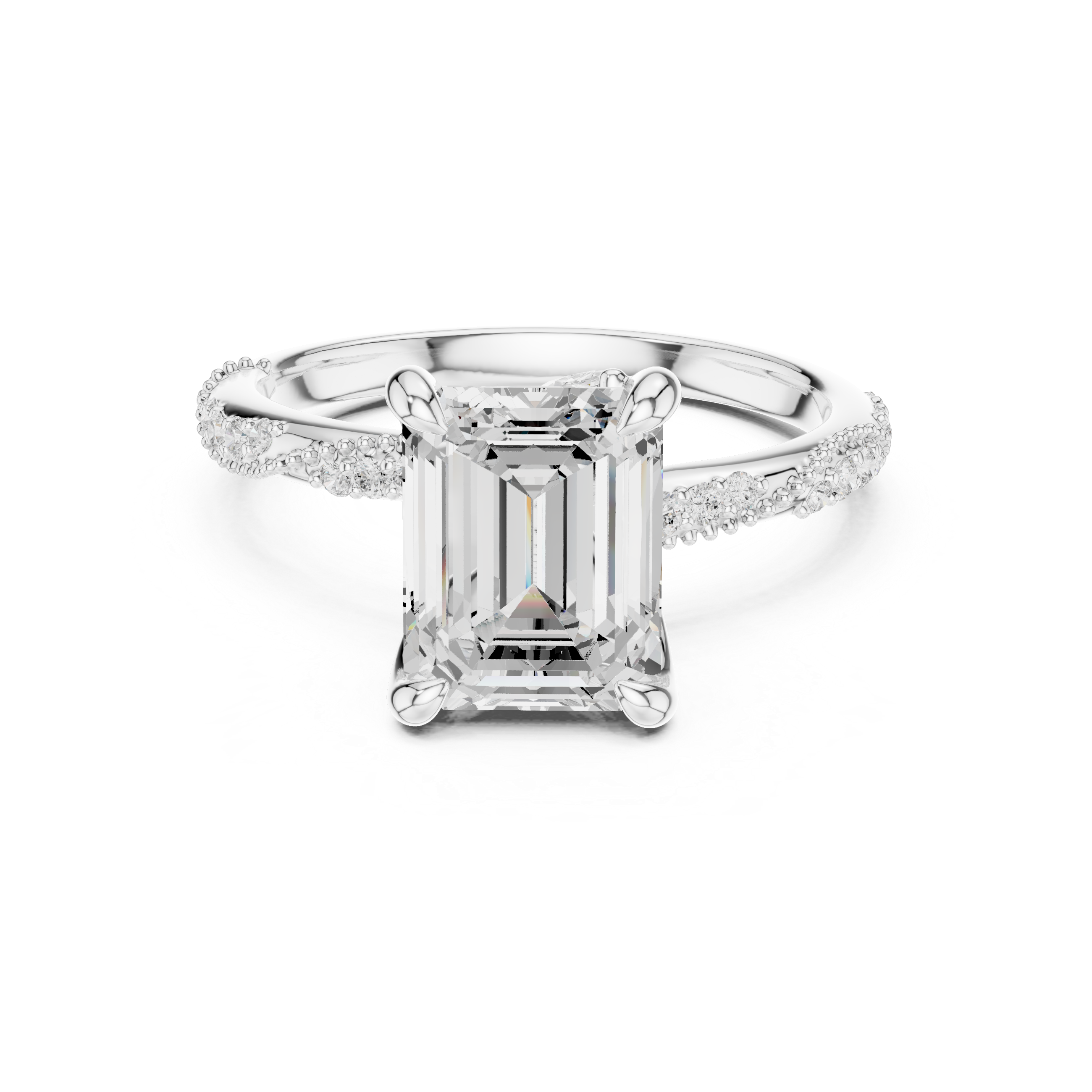Emerald Cut Solitaire Engagement Ring with Twisted Pavé Band and Hidden Marquise Diamond Accents
