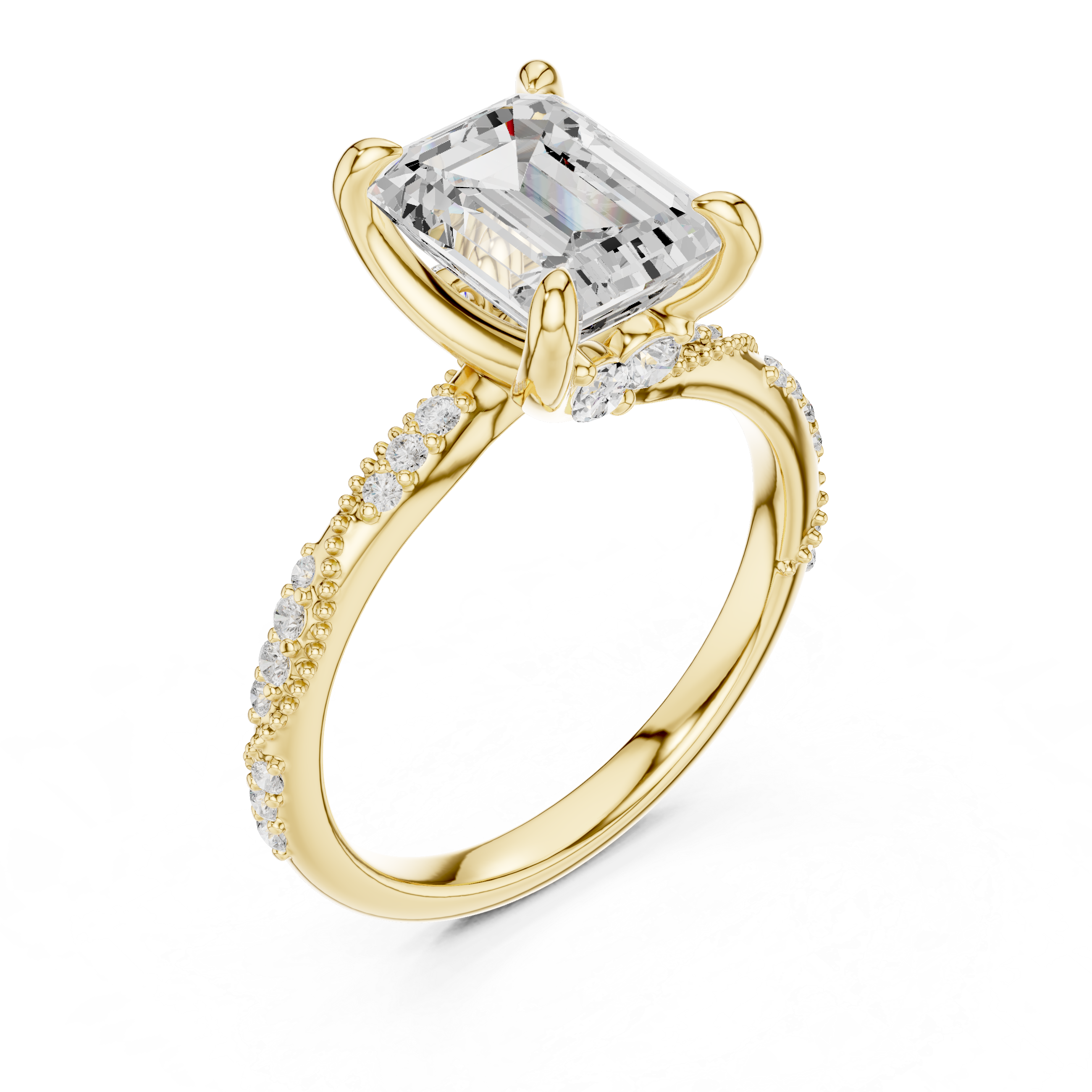 Emerald Cut Solitaire Engagement Ring with Twisted Pavé Band and Hidden Marquise Diamond Accents