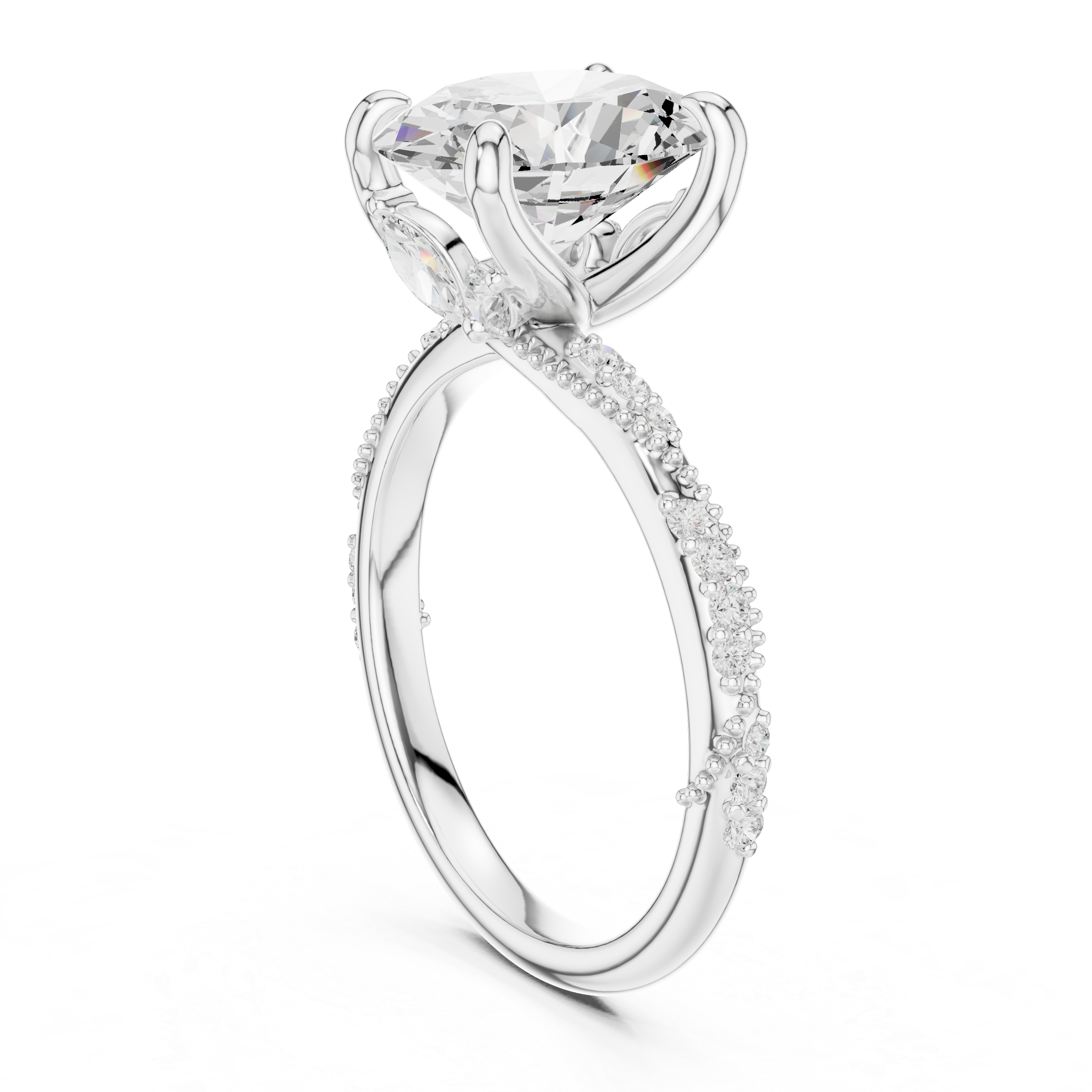 Oval Solitaire Engagement Ring with Twisted Pavé Band and Hidden Marquise Diamond Accents
