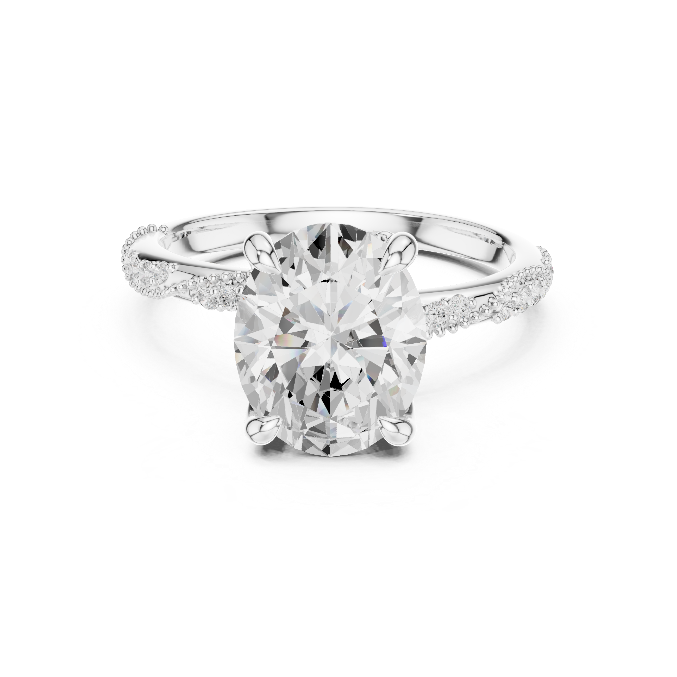 Oval Solitaire Engagement Ring with Twisted Pavé Band and Hidden Marquise Diamond Accents