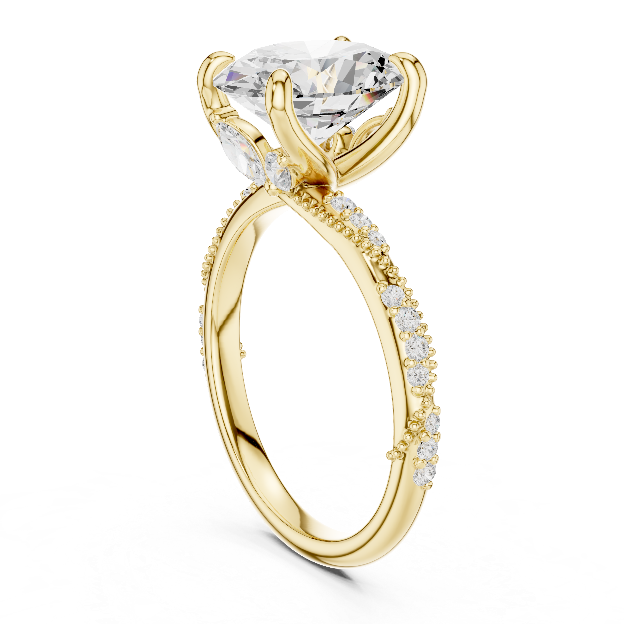 Oval Solitaire Engagement Ring with Twisted Pavé Band and Hidden Marquise Diamond Accents
