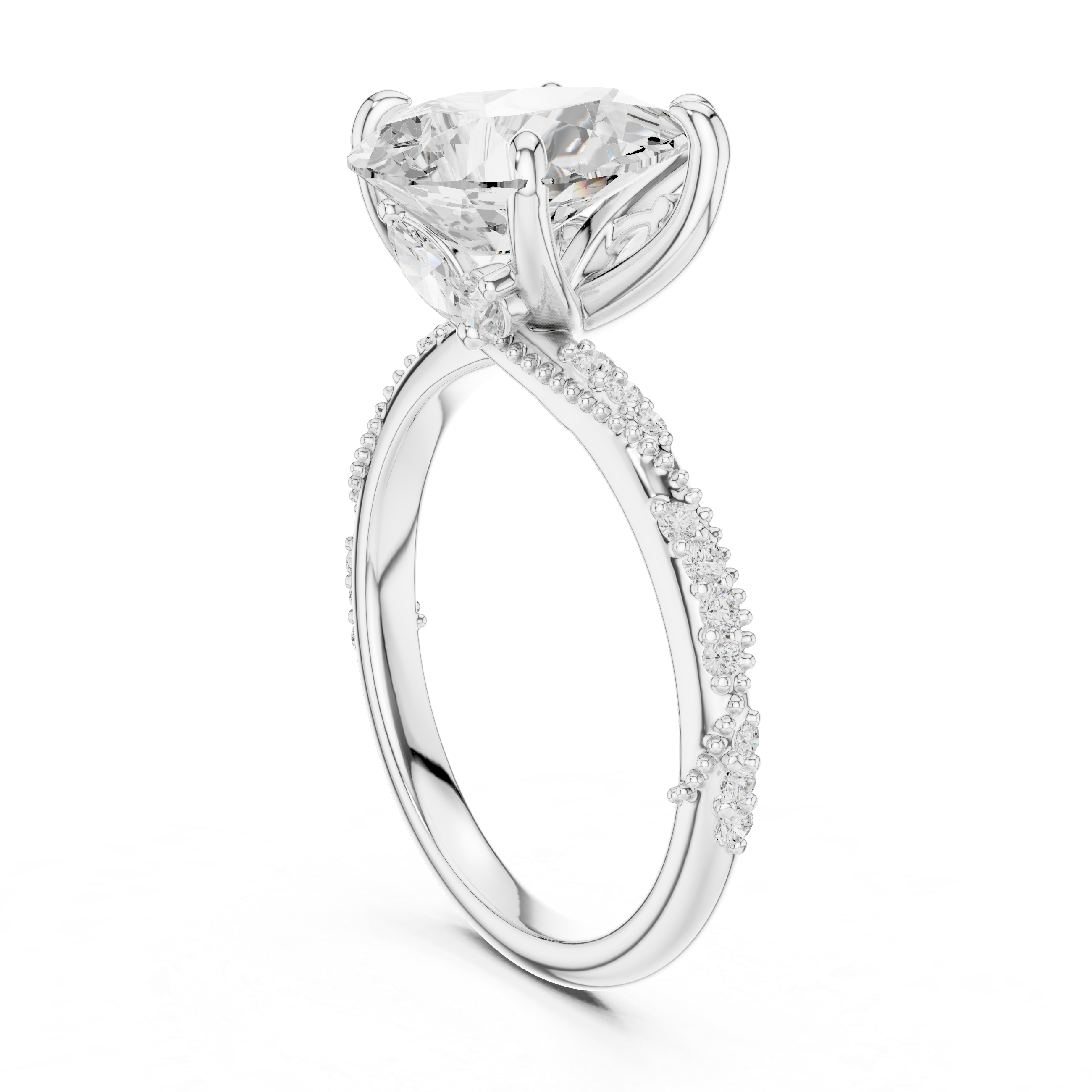 Pear Solitaire Engagement Ring with Twisted Pavé Band and Hidden Marquise Diamond Accents