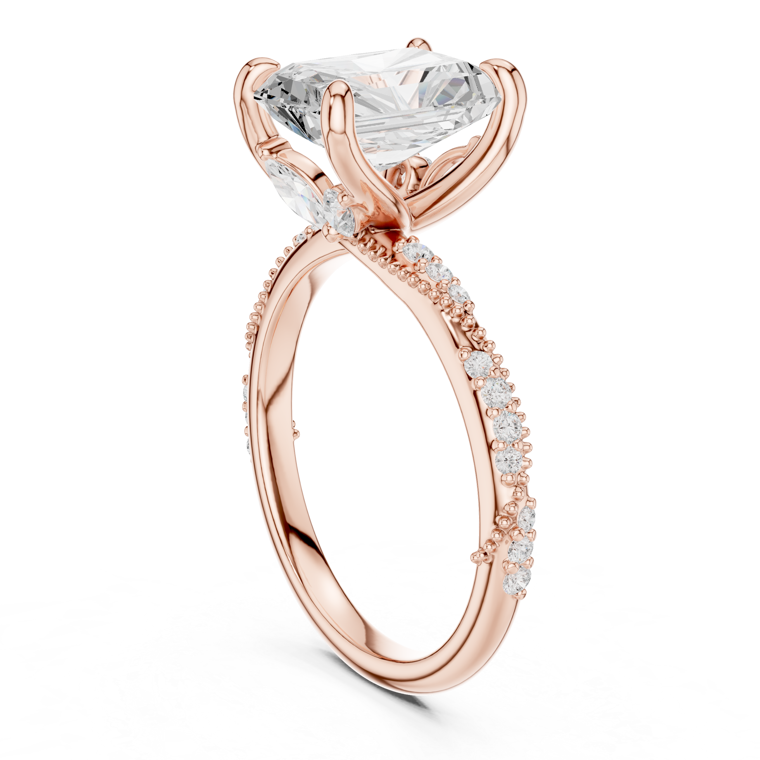 Radiant Cut Solitaire Engagement Ring with Twisted Pavé Band and Hidden Marquise Accents