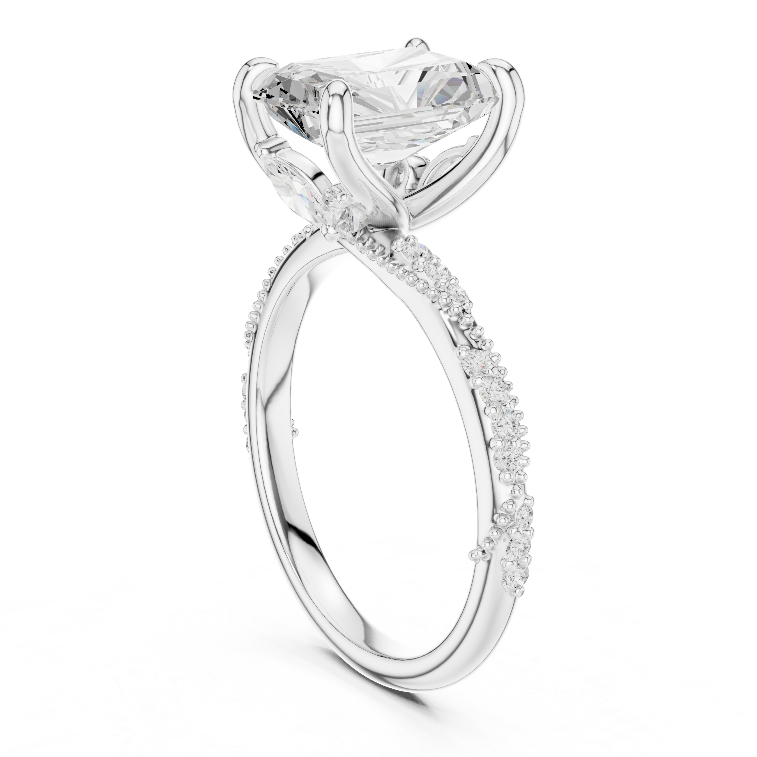 Radiant Cut Solitaire Engagement Ring with Twisted Pavé Band and Hidden Marquise Accents