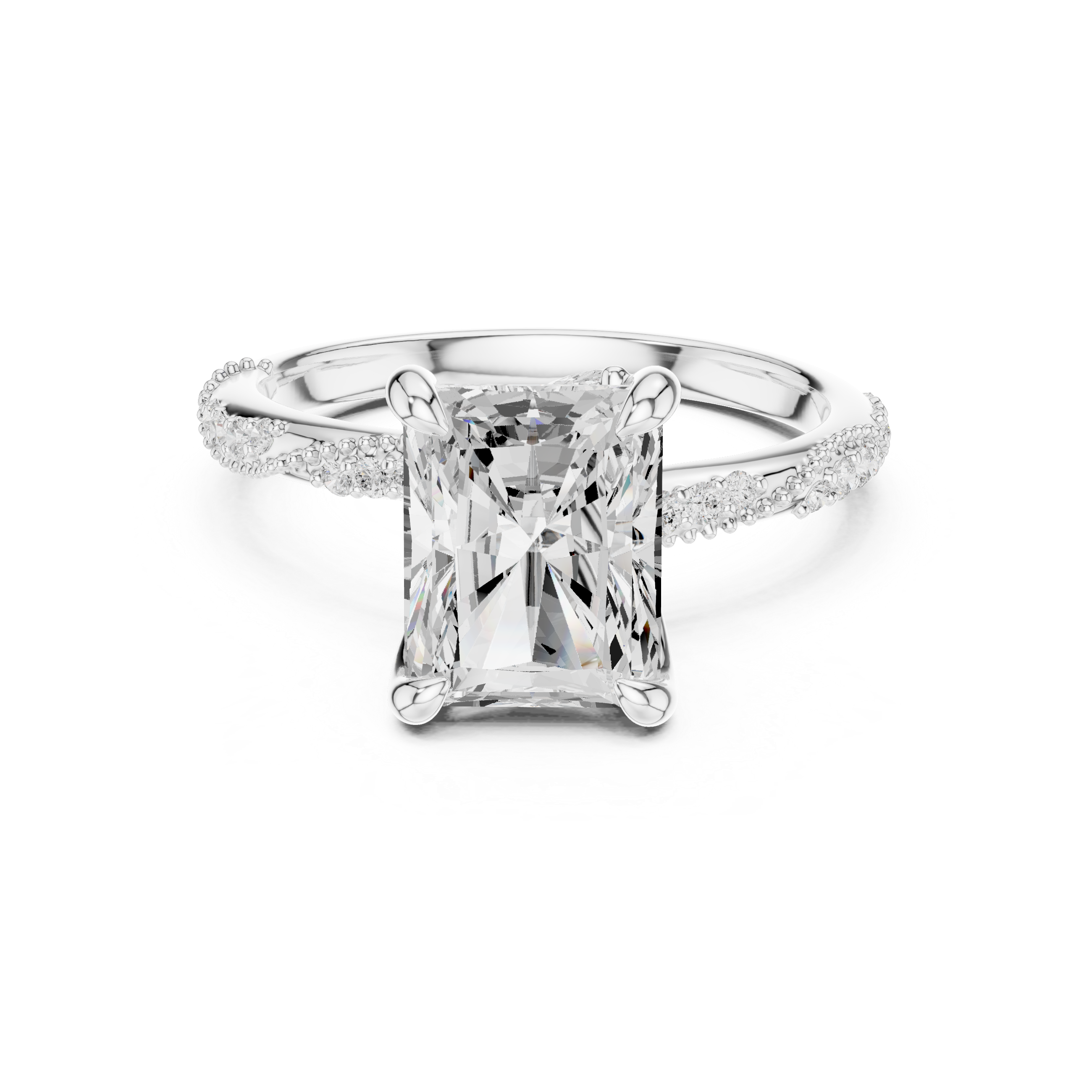 Radiant Cut Solitaire Engagement Ring with Twisted Pavé Band and Hidden Marquise Accents