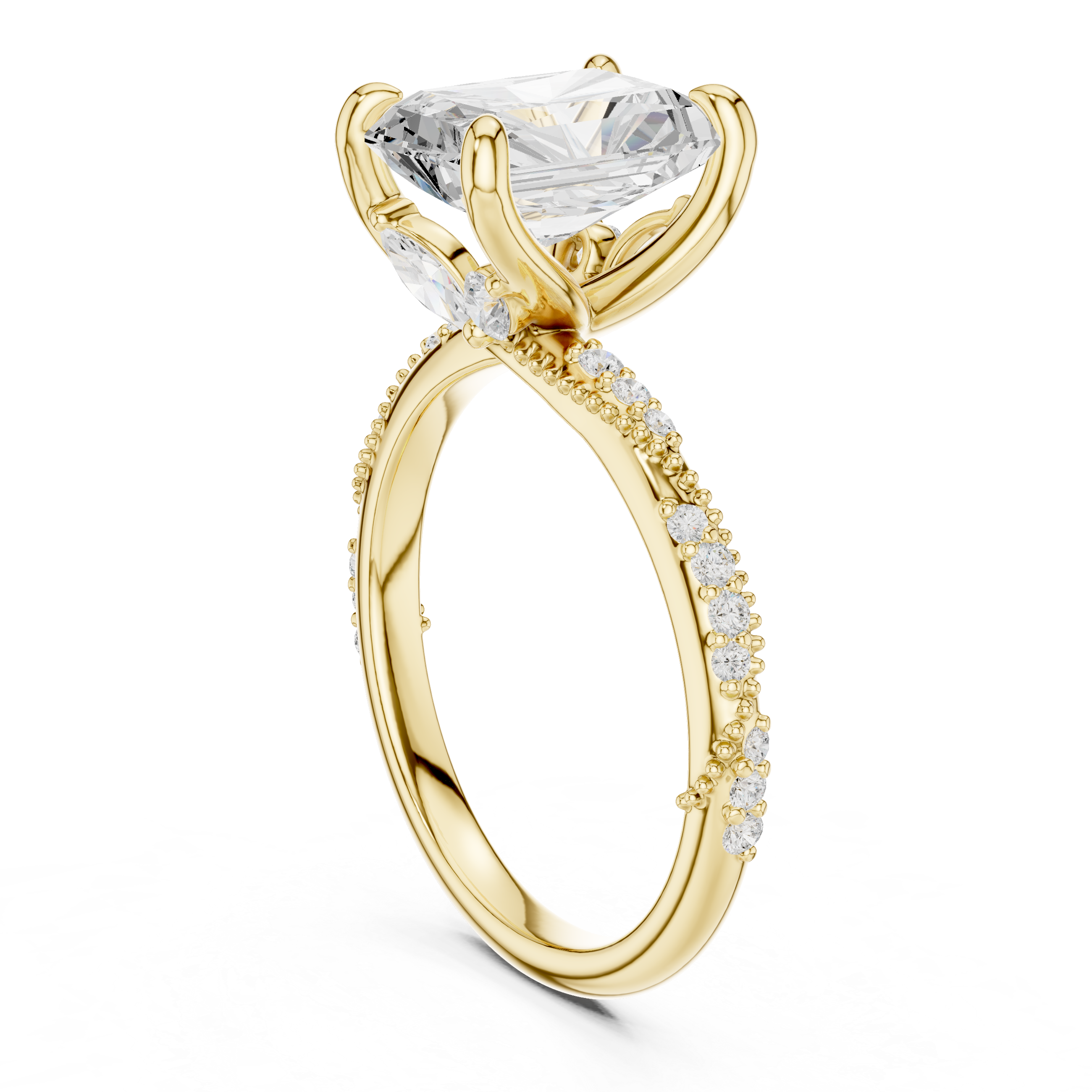 Radiant Cut Solitaire Engagement Ring with Twisted Pavé Band and Hidden Marquise Accents