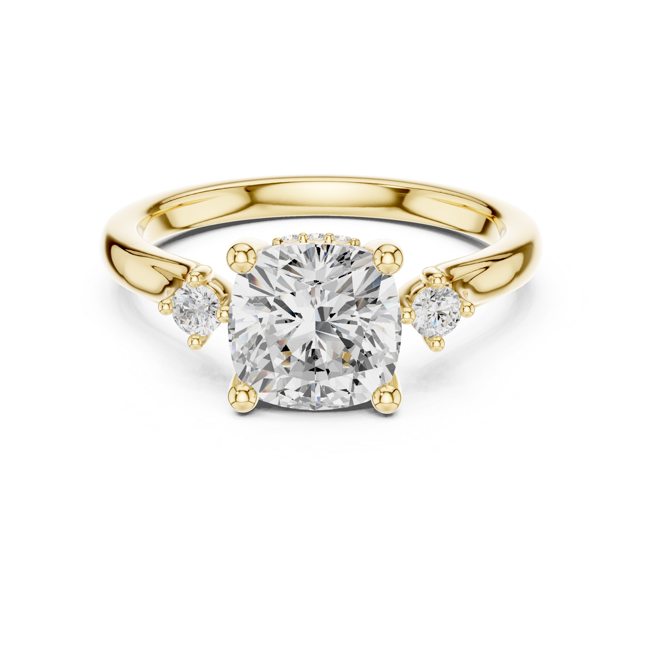 Cushion Cut Three-Stone Engagement Ring with Hidden Accent Diamonds