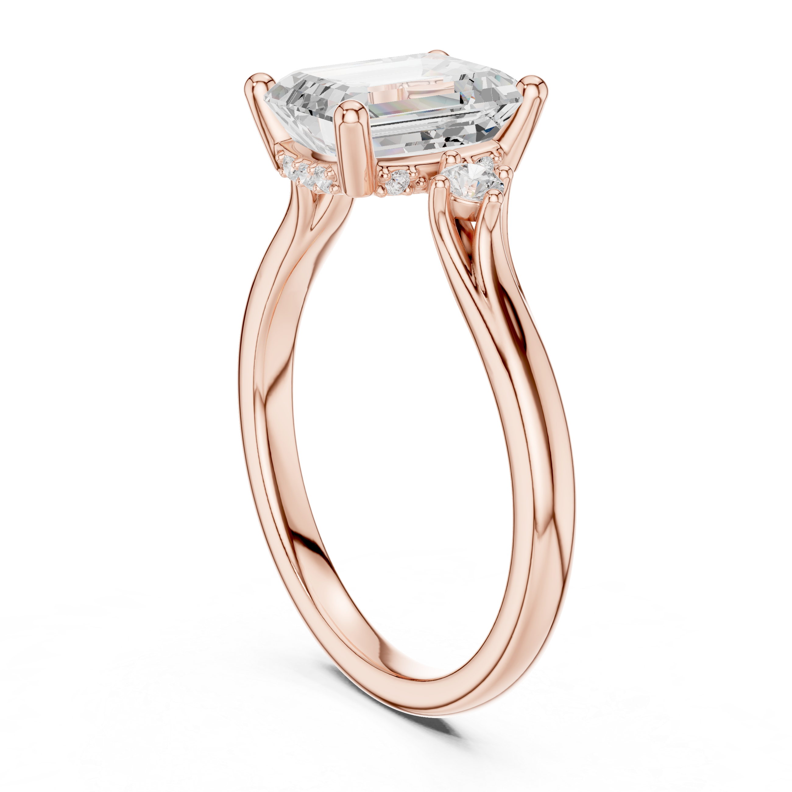 Emerald Cut Three-Stone Engagement Ring with Hidden Halo Accents