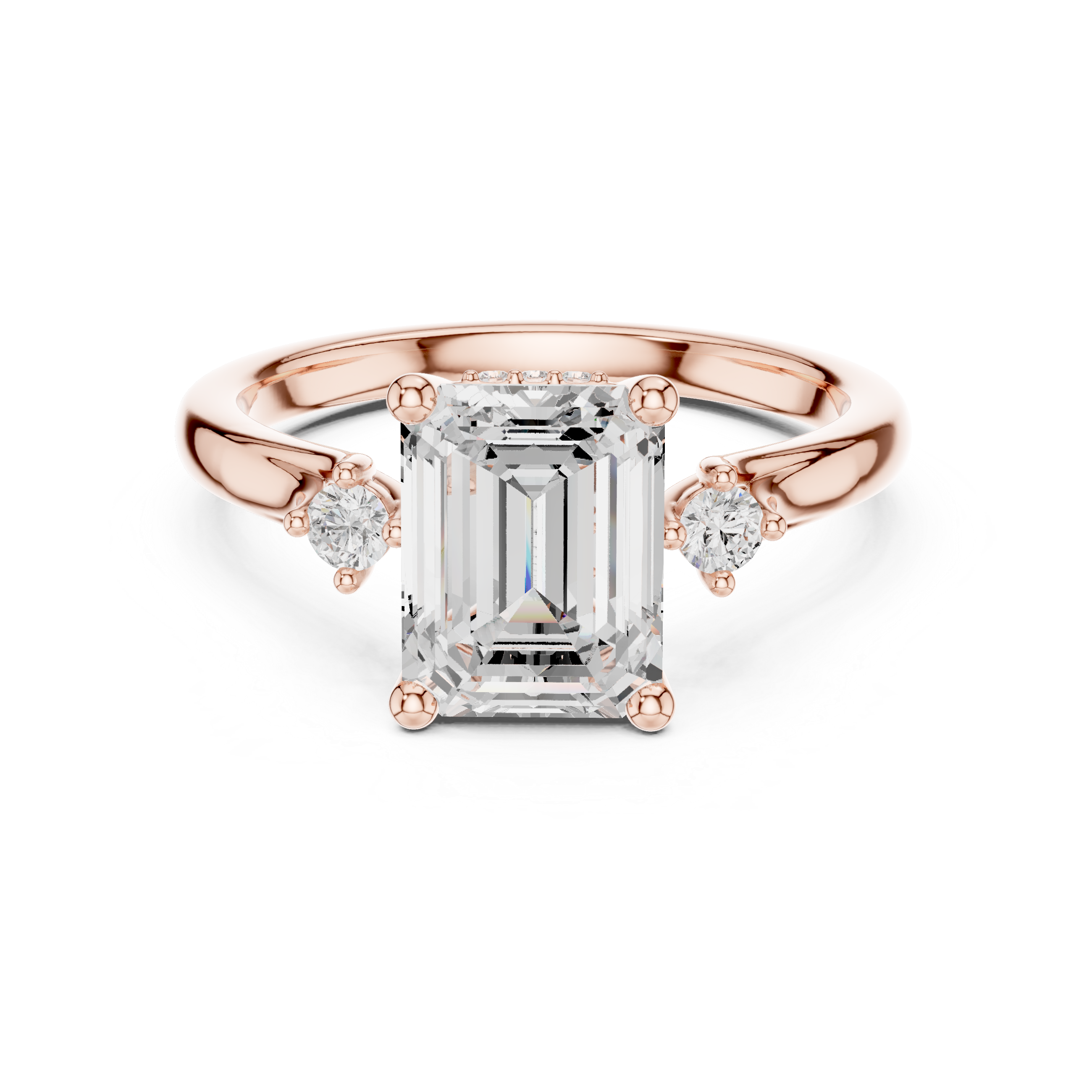 Emerald Cut Three-Stone Engagement Ring with Hidden Halo Accents