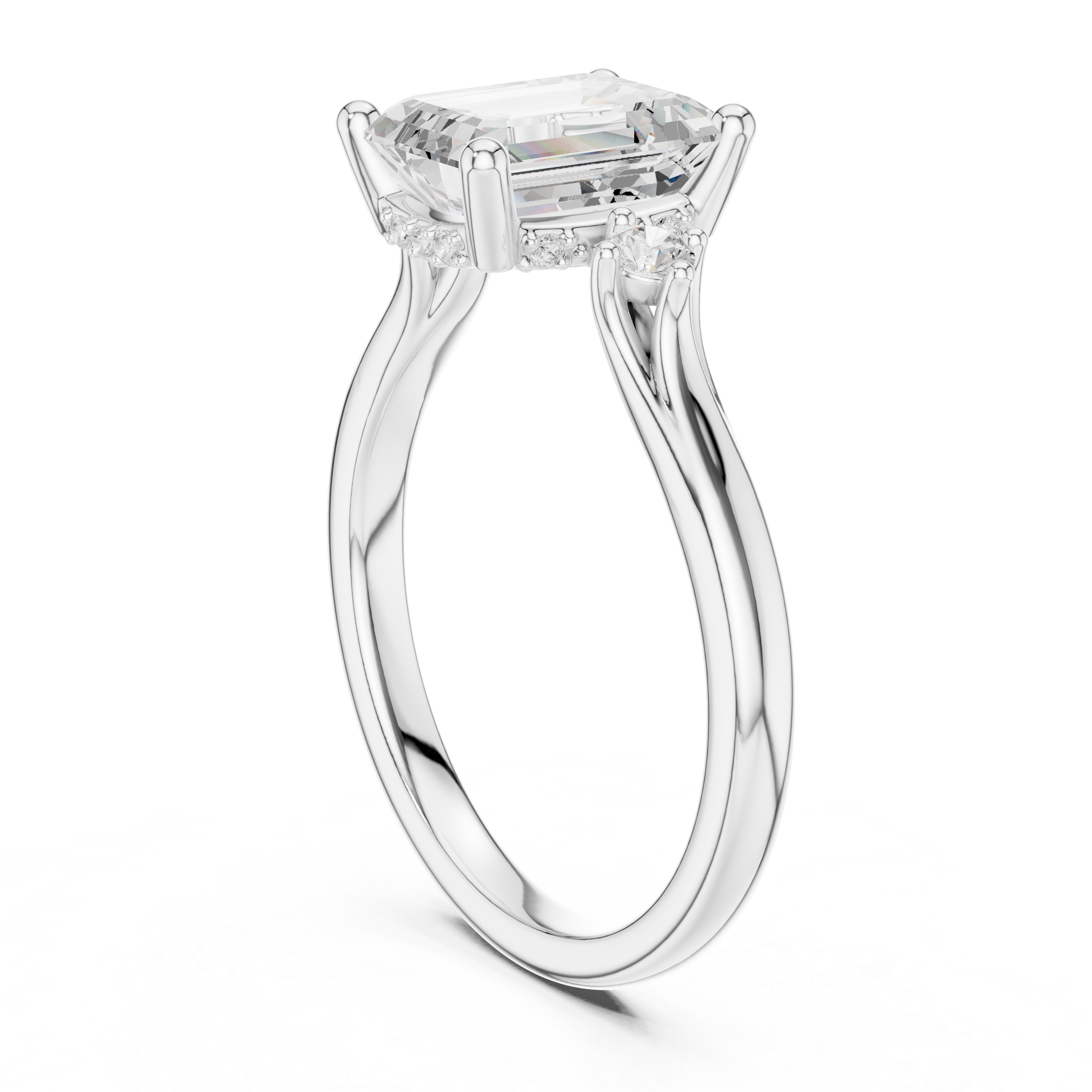 Emerald Cut Three-Stone Engagement Ring with Hidden Halo Accents