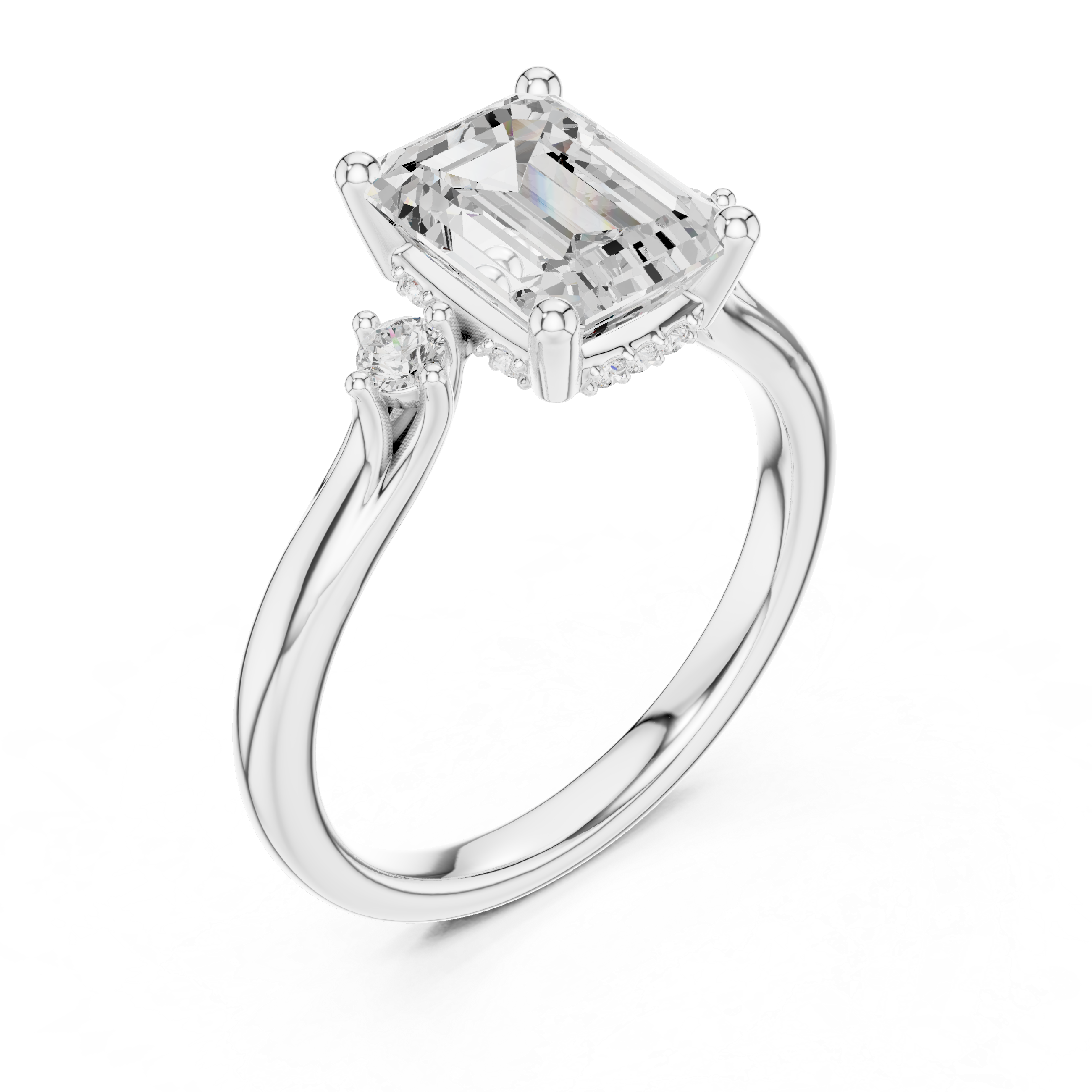 Emerald Cut Three-Stone Engagement Ring with Hidden Halo Accents