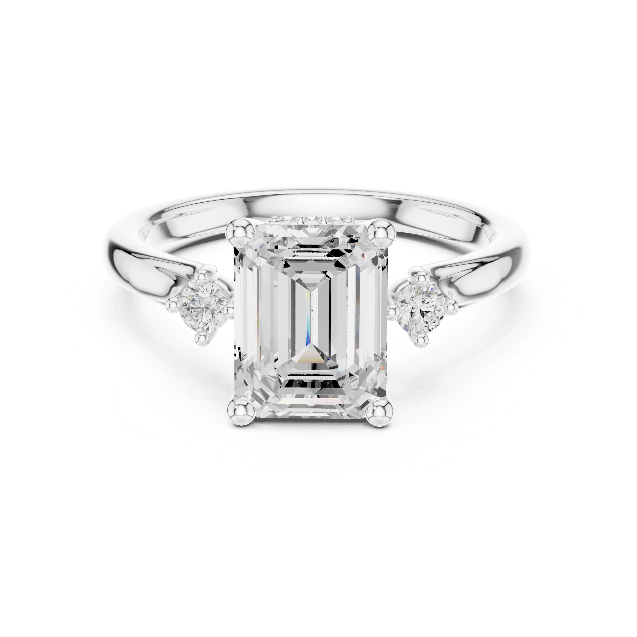 Emerald Cut Three-Stone Engagement Ring with Hidden Halo Accents