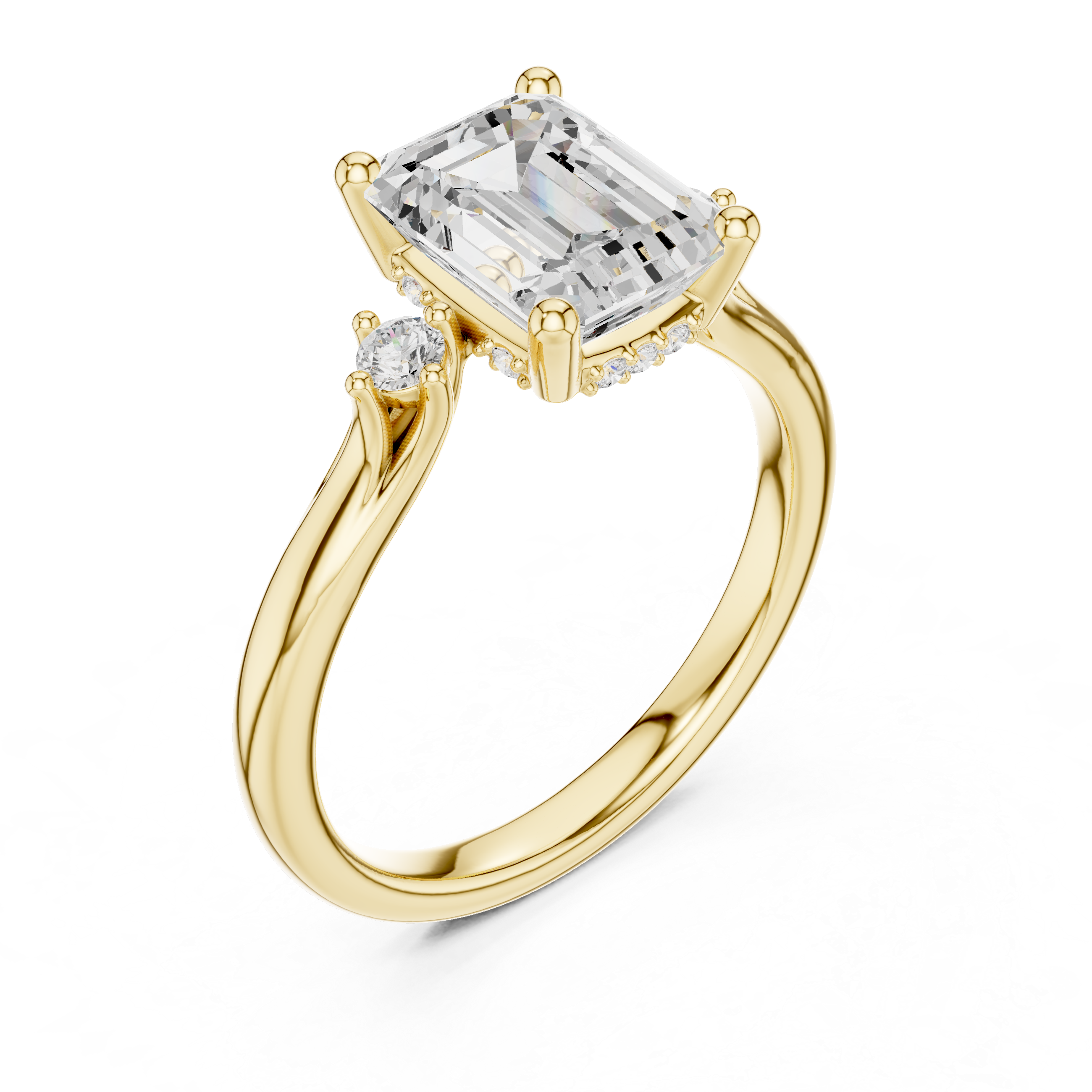 Emerald Cut Three-Stone Engagement Ring with Hidden Halo Accents