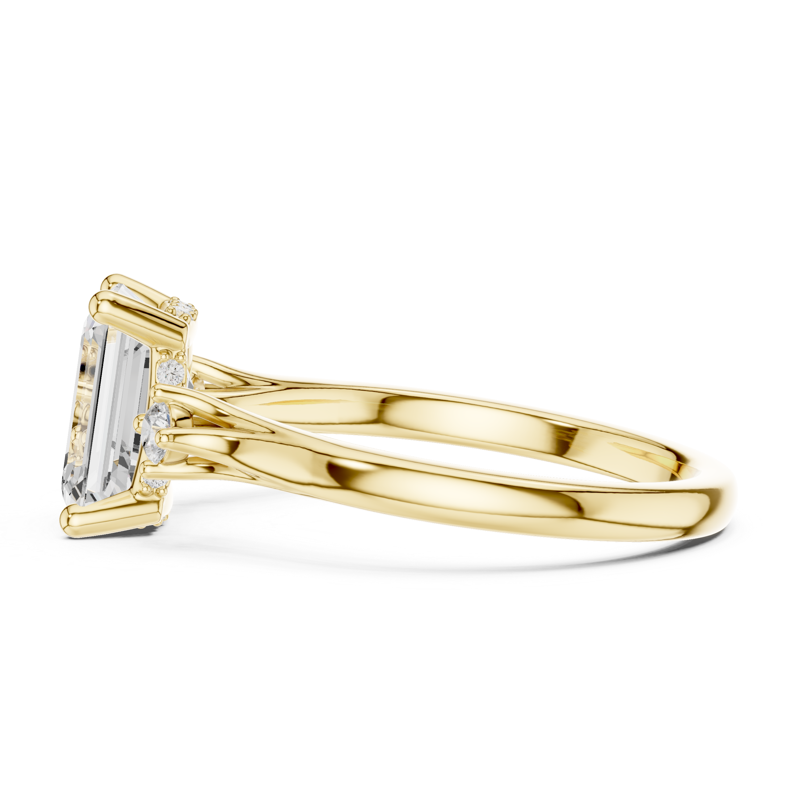 Emerald Cut Three-Stone Engagement Ring with Hidden Halo Accents