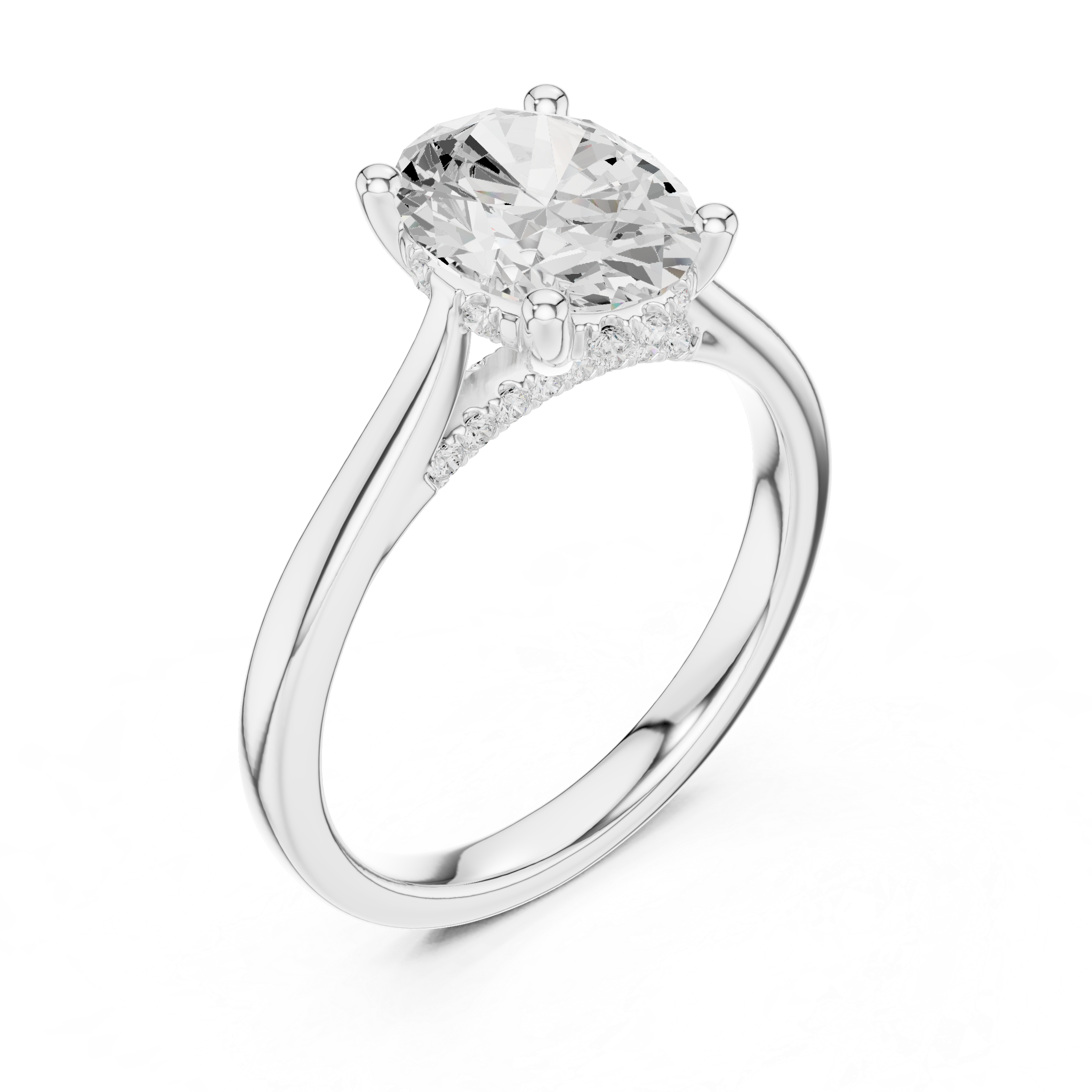 Oval Cut Solitaire Engagement Ring with Hidden Halo and Cathedral Setting