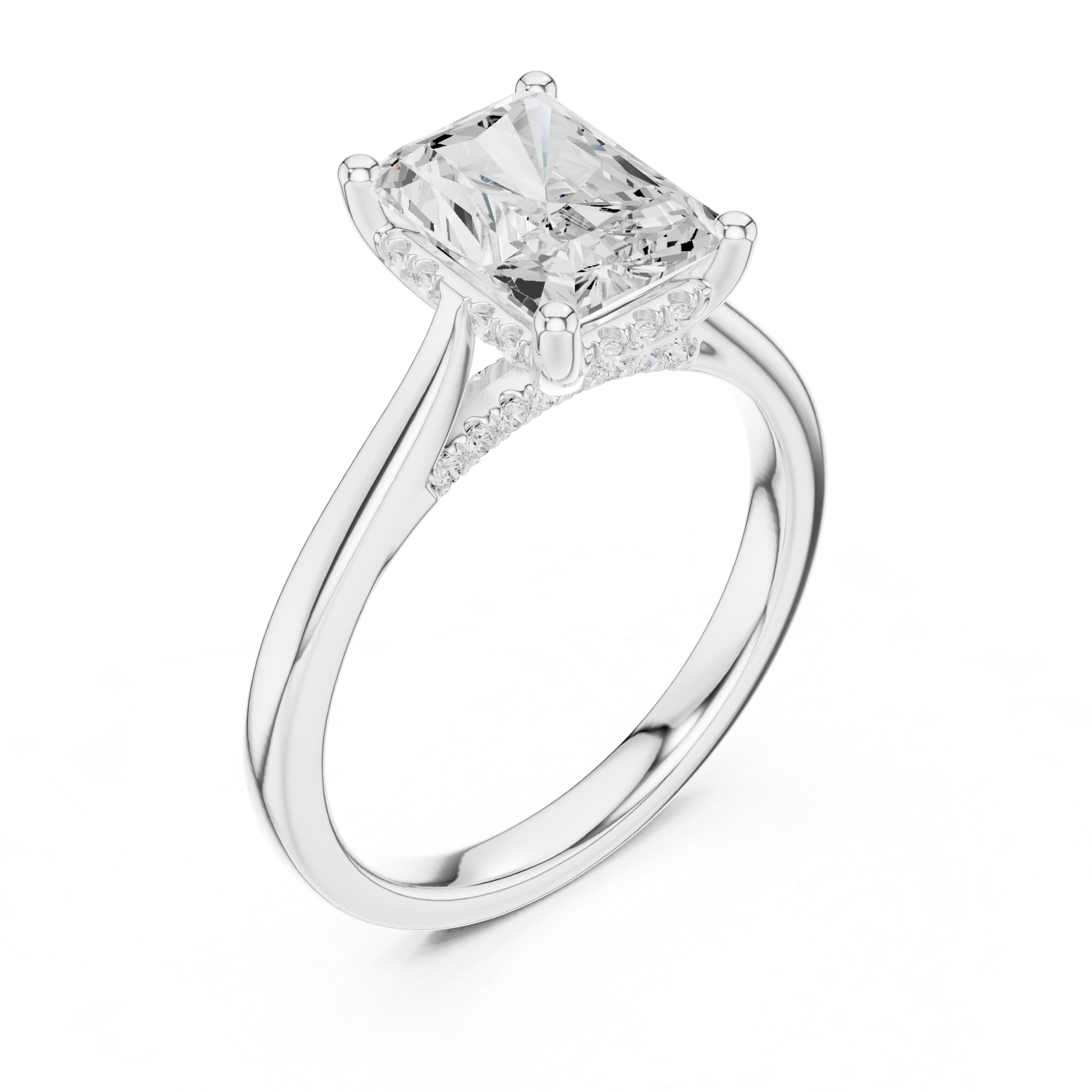 Radiant Cut Solitaire Engagement Ring with Hidden Diamond Halo