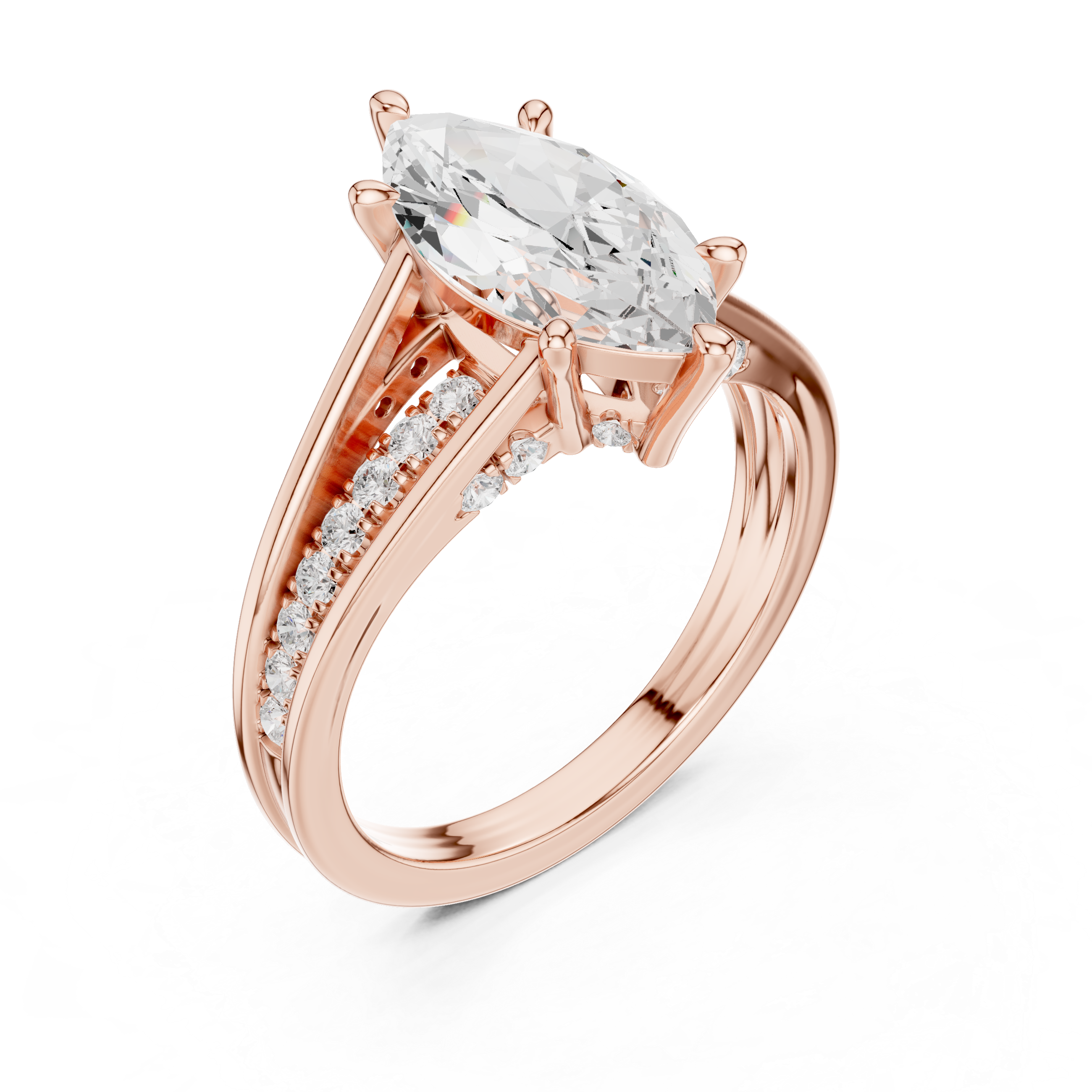 Marquise Cut Split Shank Engagement Ring with Hidden Diamond Accents