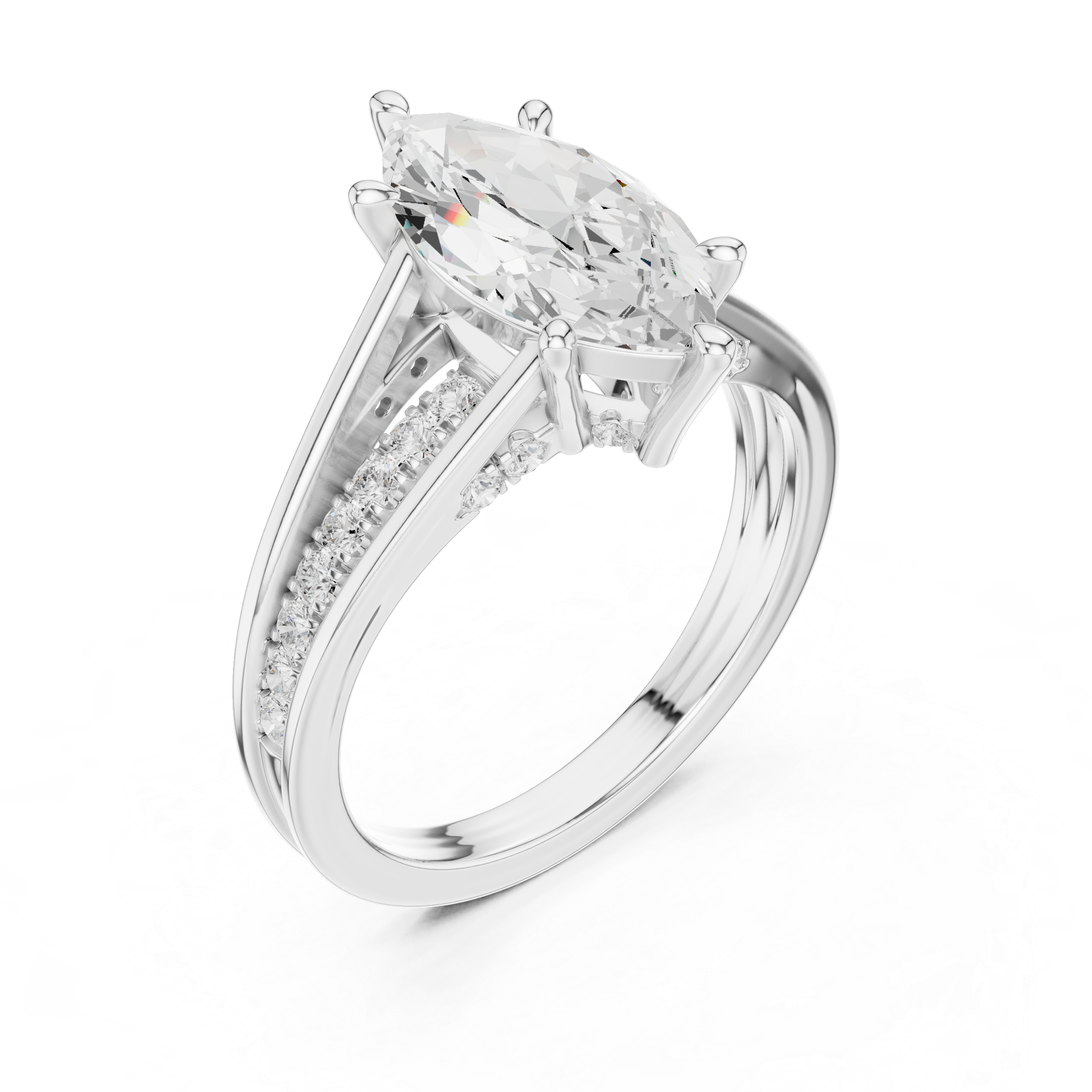 Marquise Cut Split Shank Engagement Ring with Hidden Diamond Accents