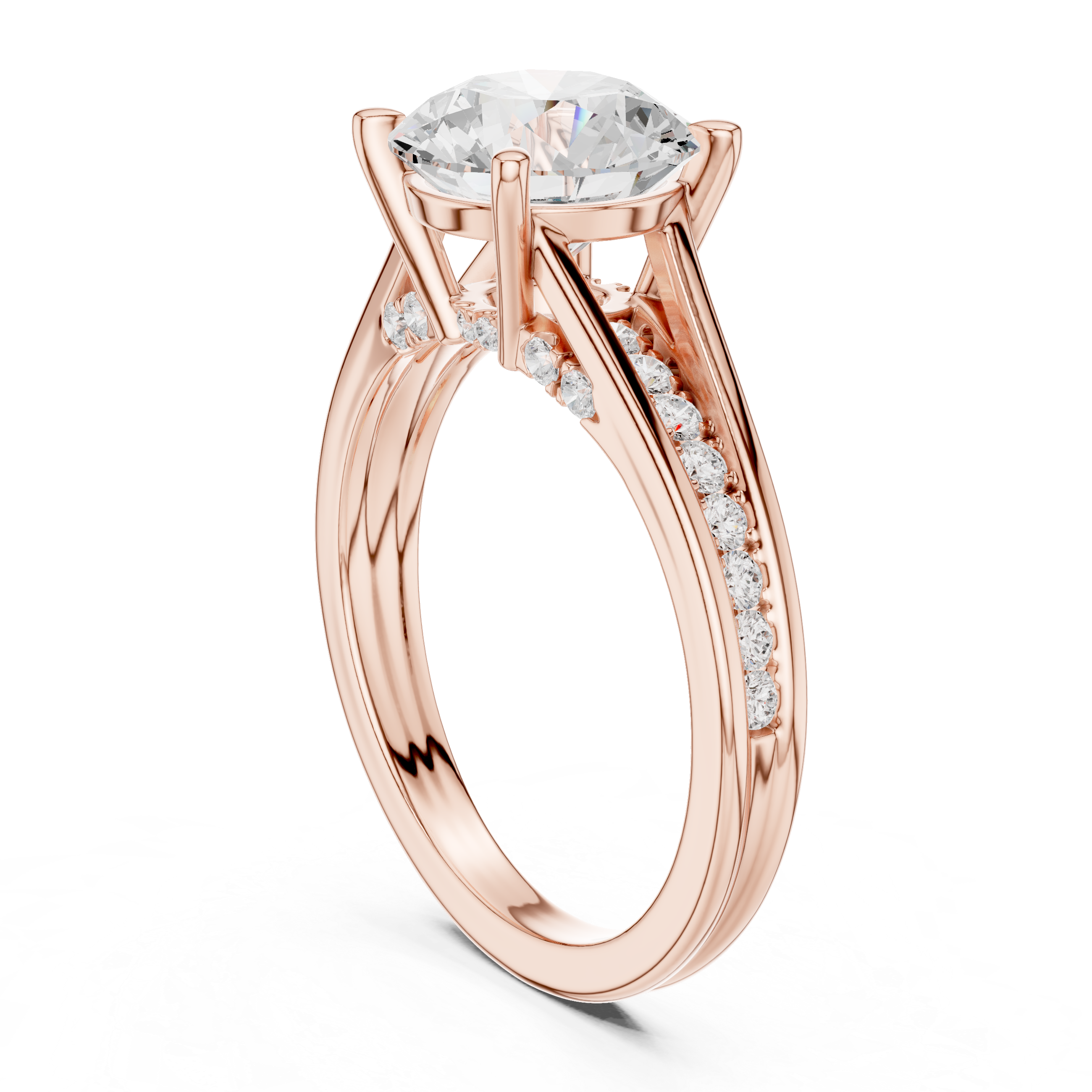 Round Cut Solitaire Engagement Ring with Split Shank Pavé Diamond Band