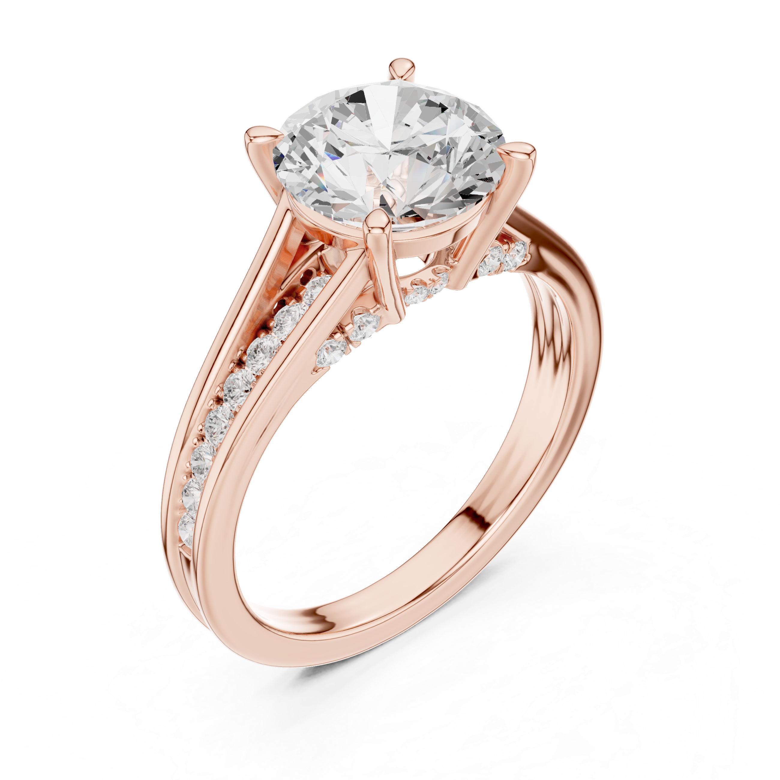 Round Cut Solitaire Engagement Ring with Split Shank Pavé Diamond Band