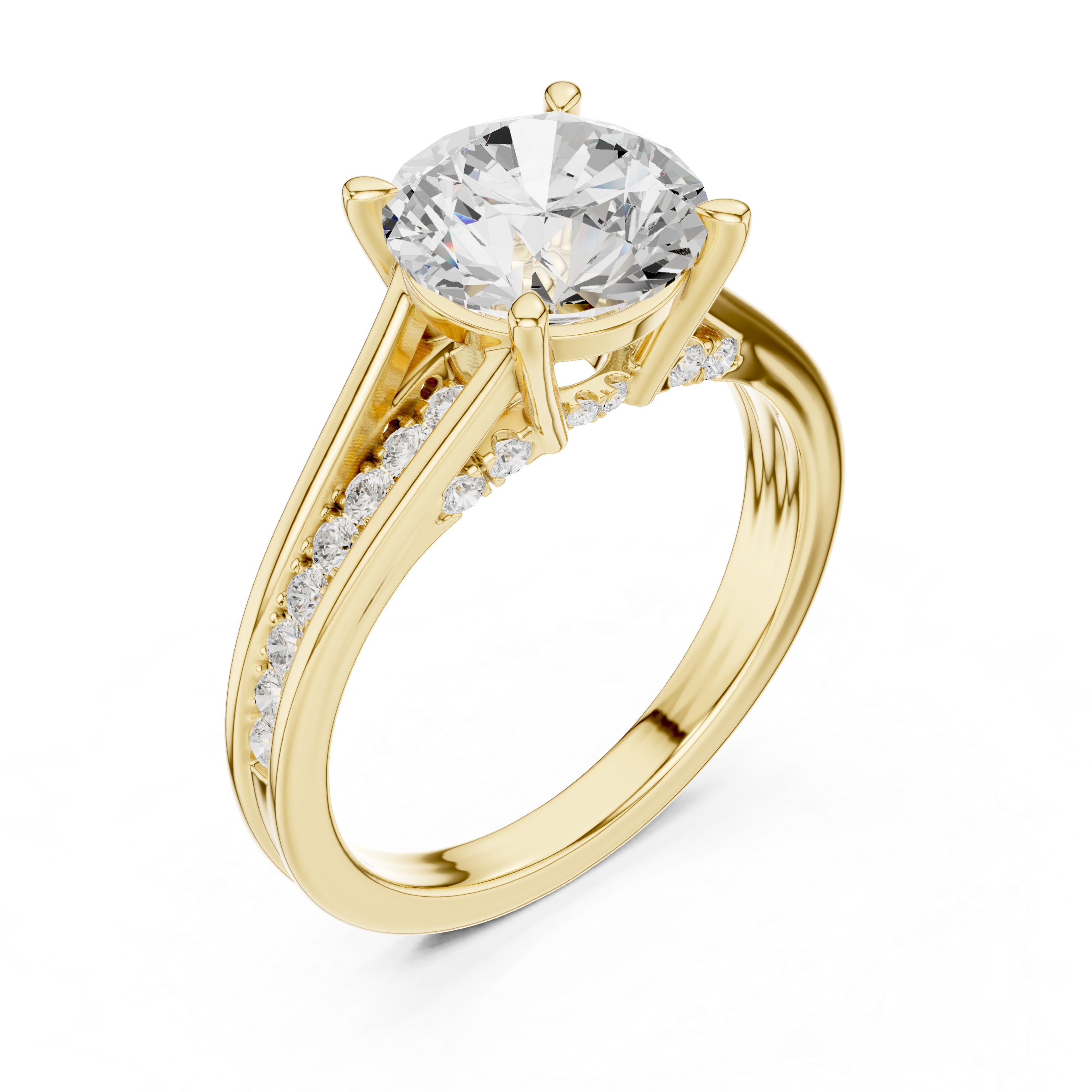 Round Cut Solitaire Engagement Ring with Split Shank Pavé Diamond Band
