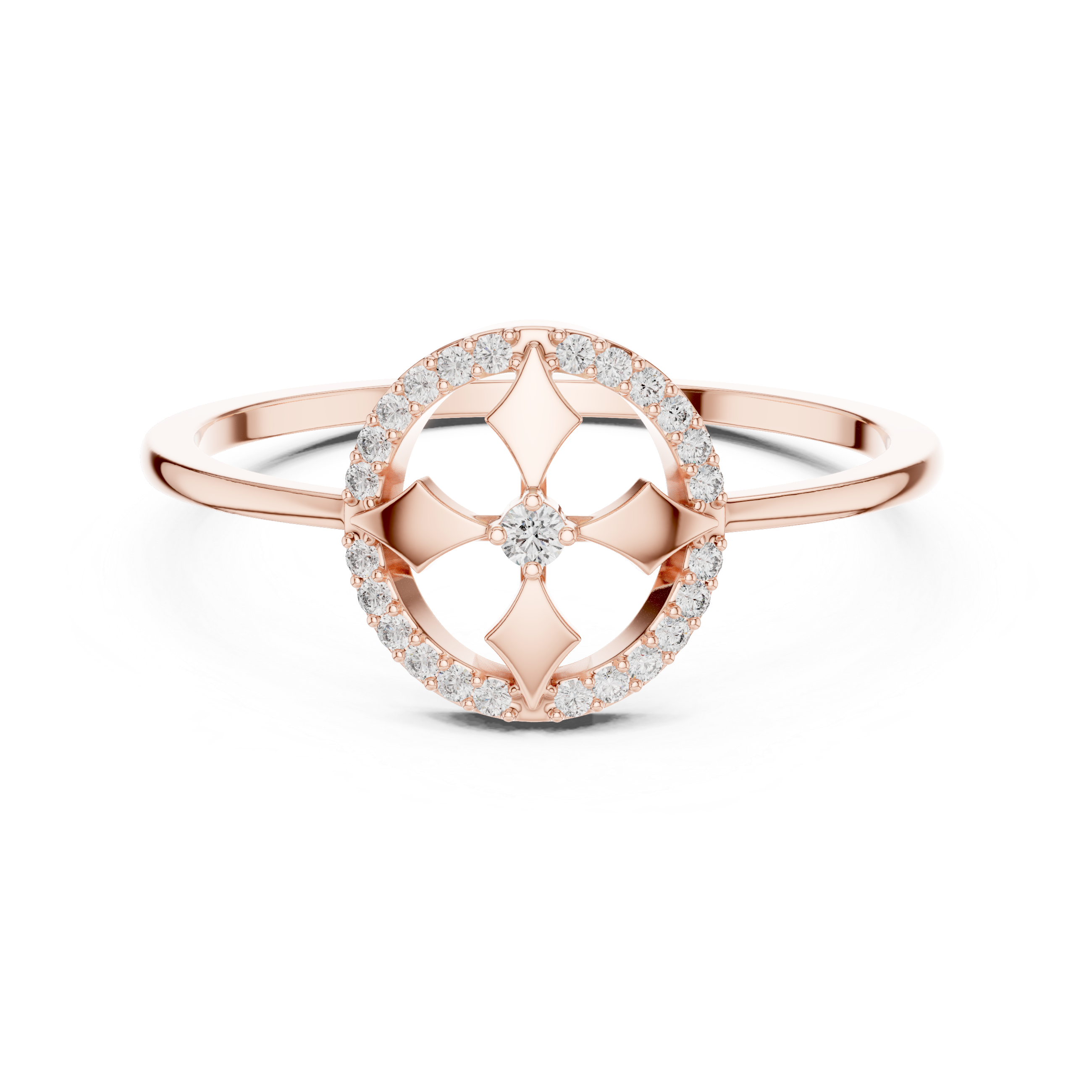 Diamond Halo Cross Motif Ring – Geometric Circle Statement Ring