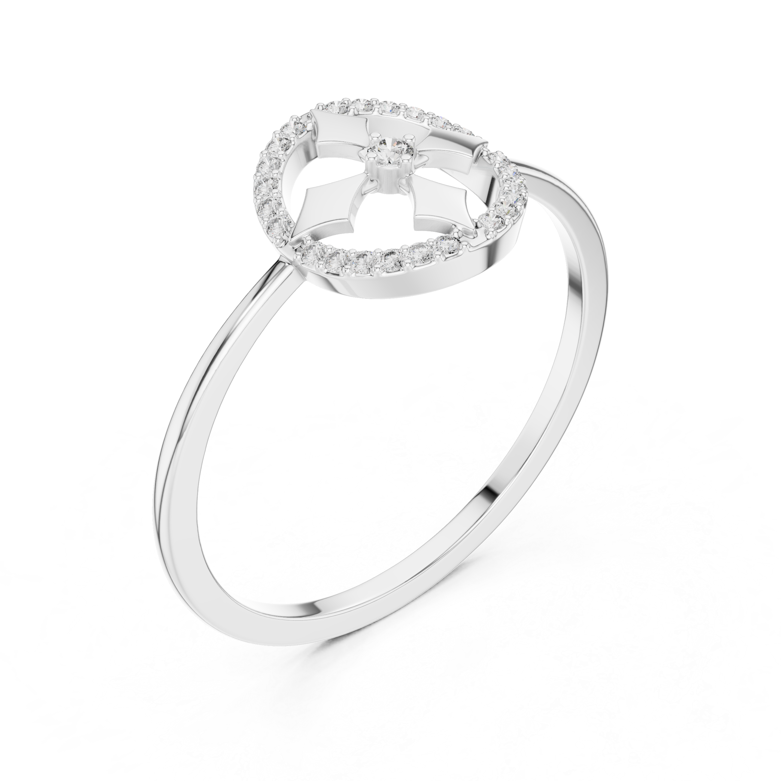 Diamond Halo Cross Motif Ring – Geometric Circle Statement Ring