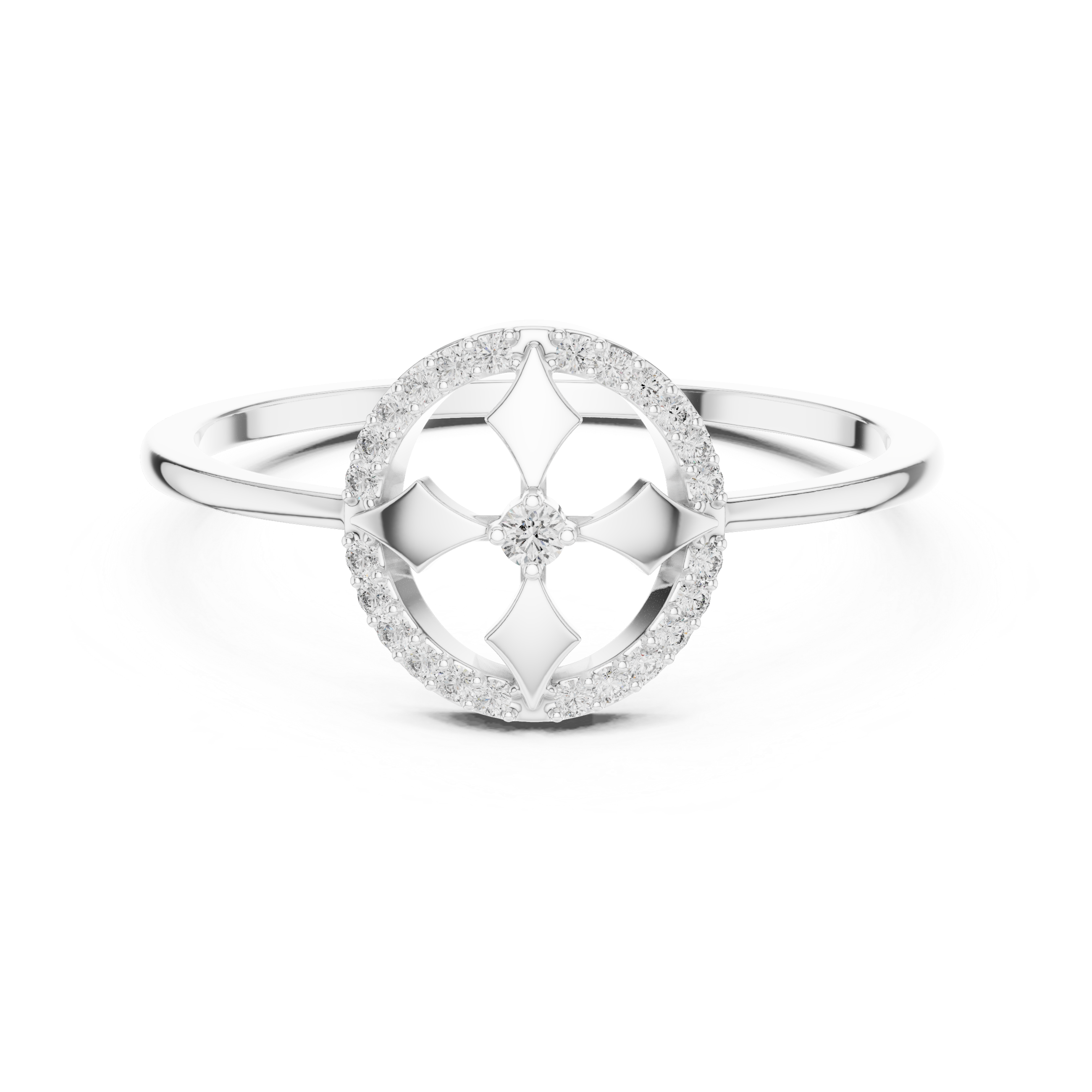 Diamond Halo Cross Motif Ring – Geometric Circle Statement Ring