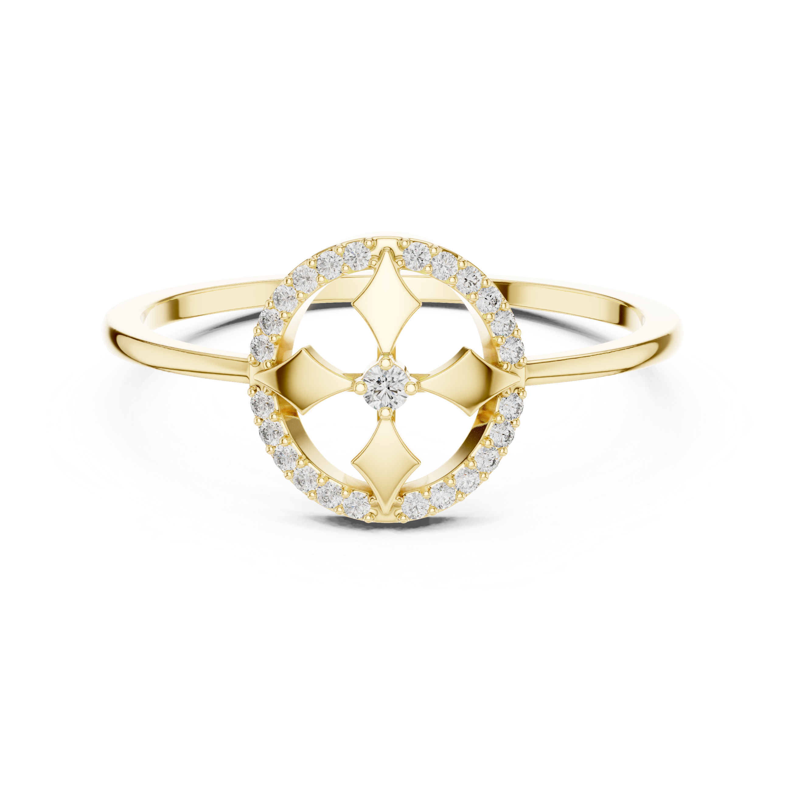 Diamond Halo Cross Motif Ring – Geometric Circle Statement Ring