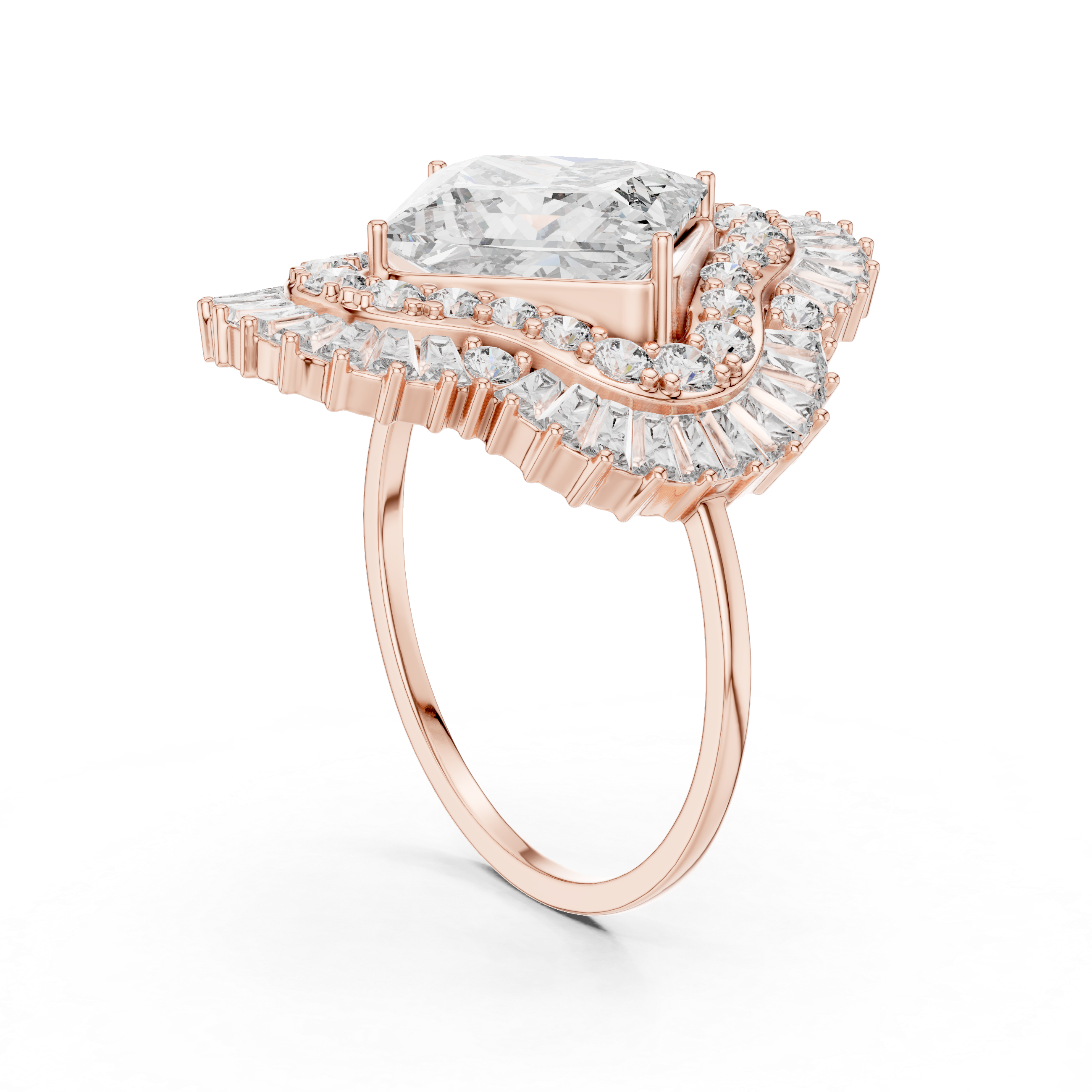 Princess Cut Halo Diamond Statement Ring – Double Halo Baguette Cluster Engagement Ring