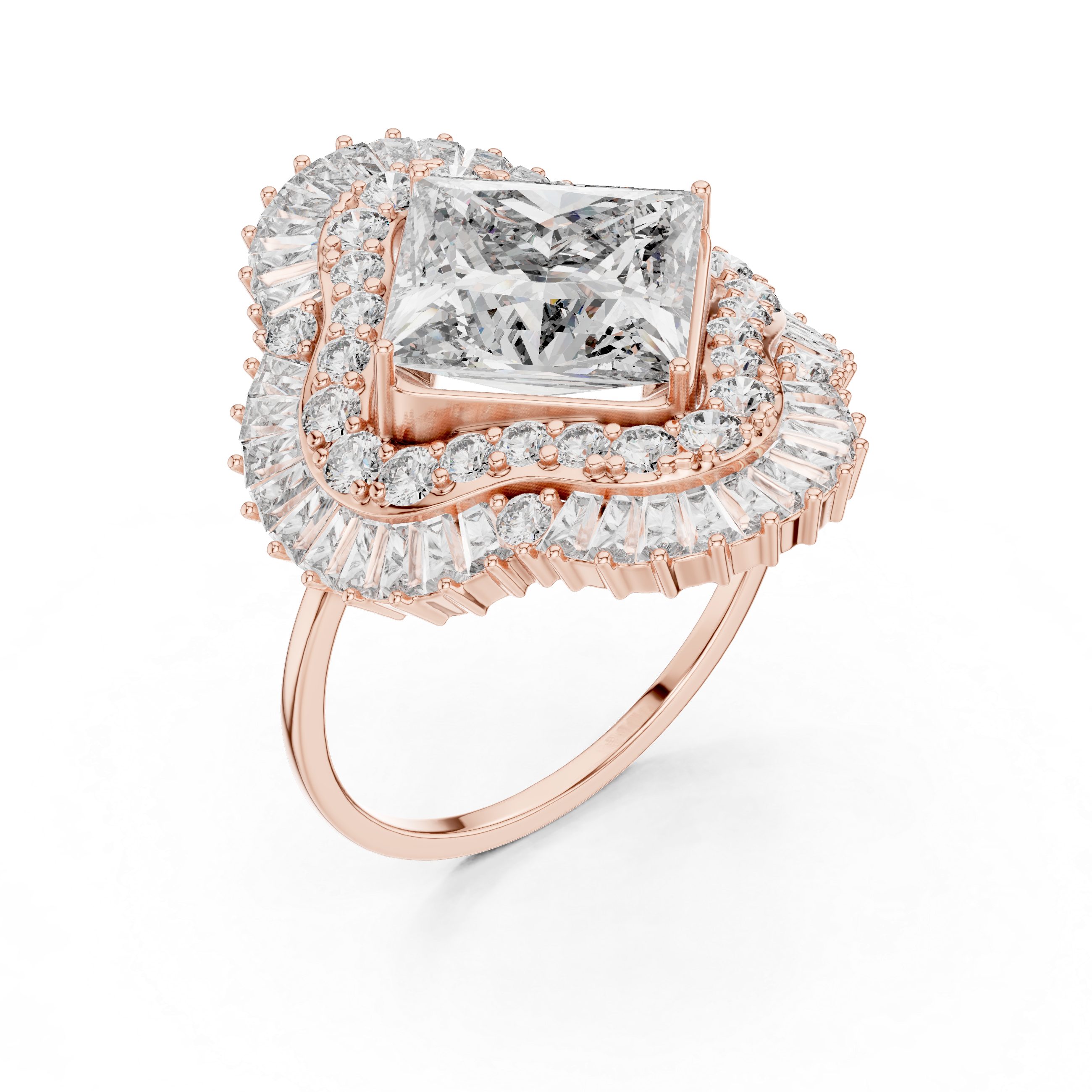 Princess Cut Halo Diamond Statement Ring – Double Halo Baguette Cluster Engagement Ring