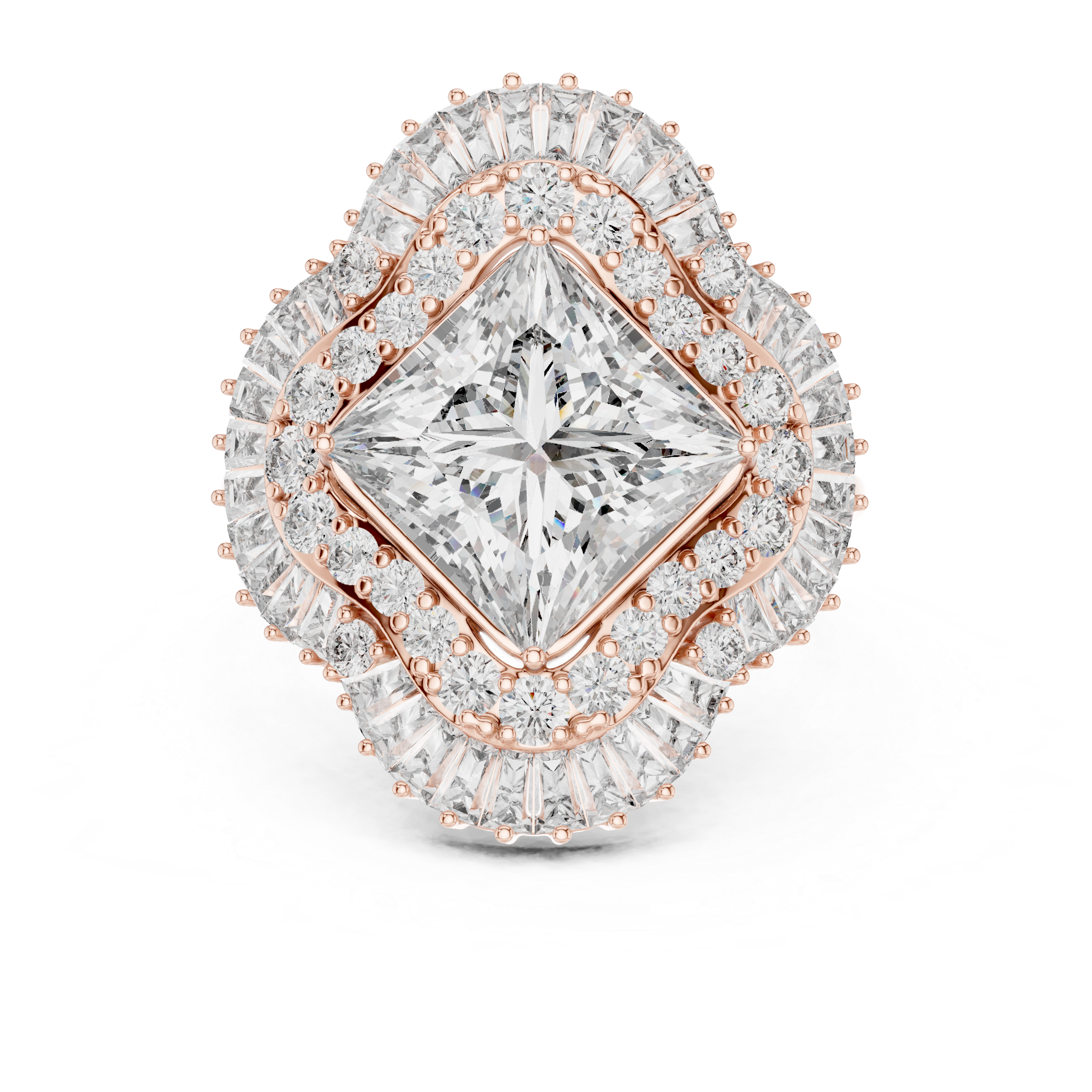 Princess Cut Halo Diamond Statement Ring – Double Halo Baguette Cluster Engagement Ring