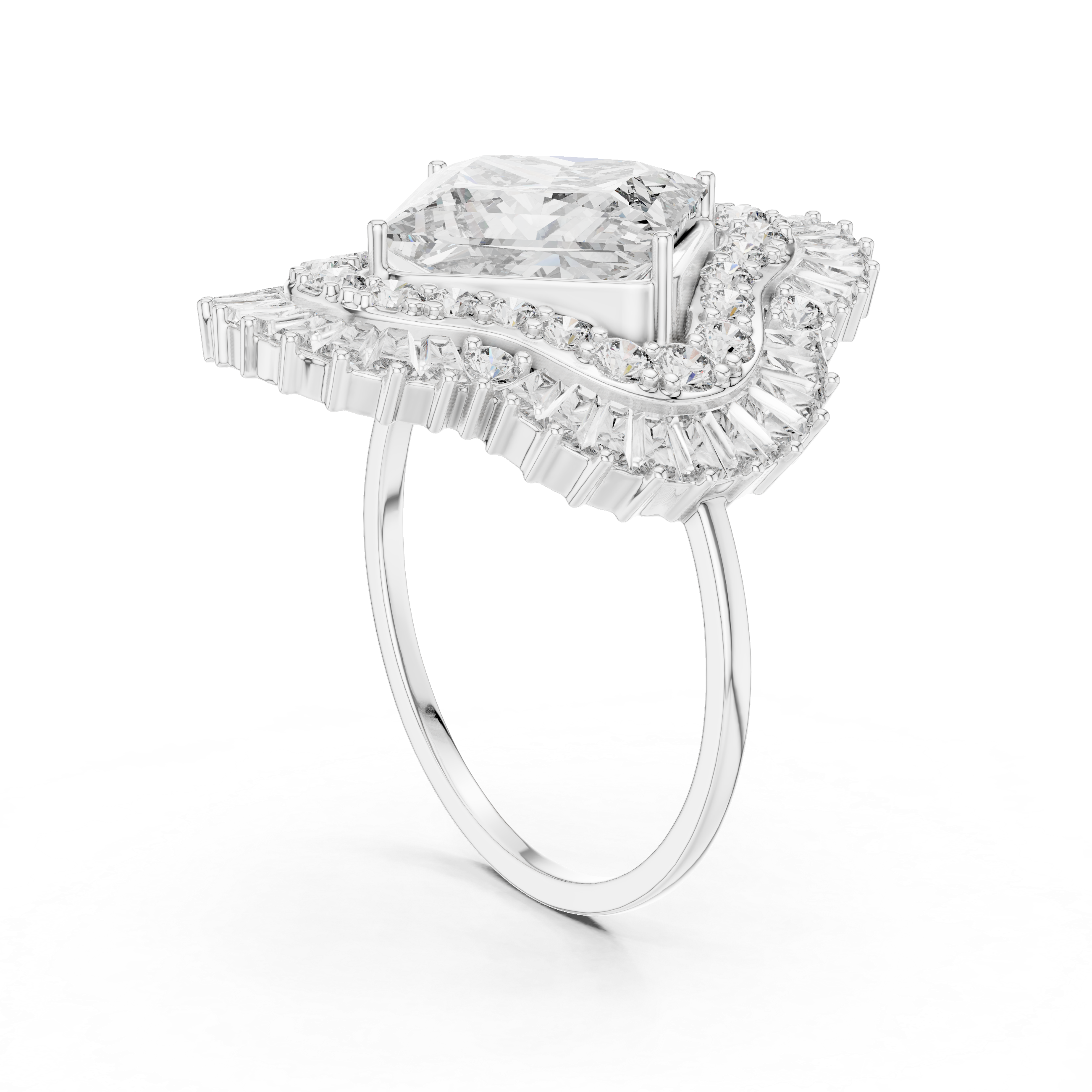 Princess Cut Halo Diamond Statement Ring – Double Halo Baguette Cluster Engagement Ring