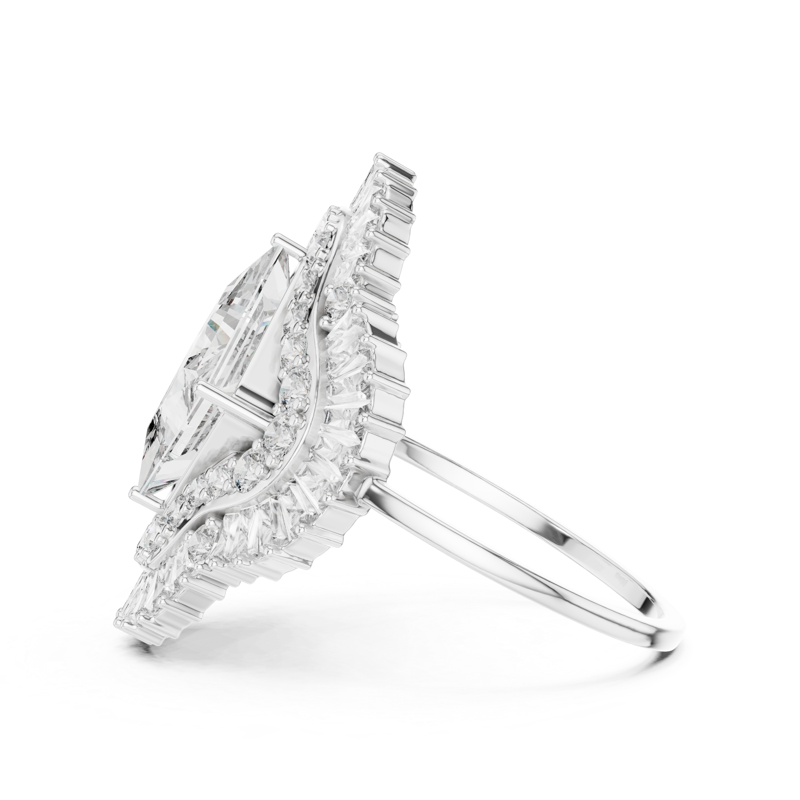 Princess Cut Halo Diamond Statement Ring – Double Halo Baguette Cluster Engagement Ring