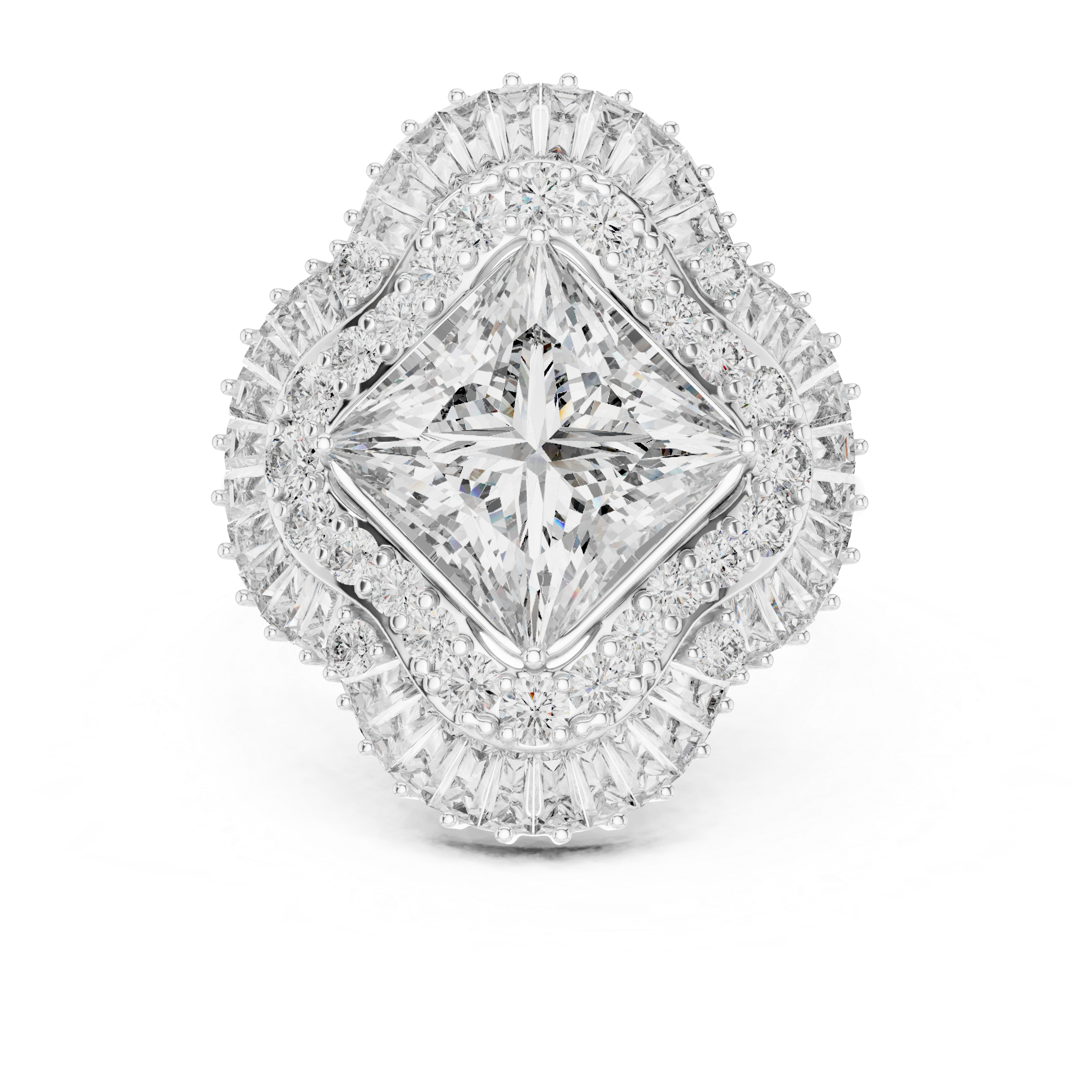 Princess Cut Halo Diamond Statement Ring – Double Halo Baguette Cluster Engagement Ring