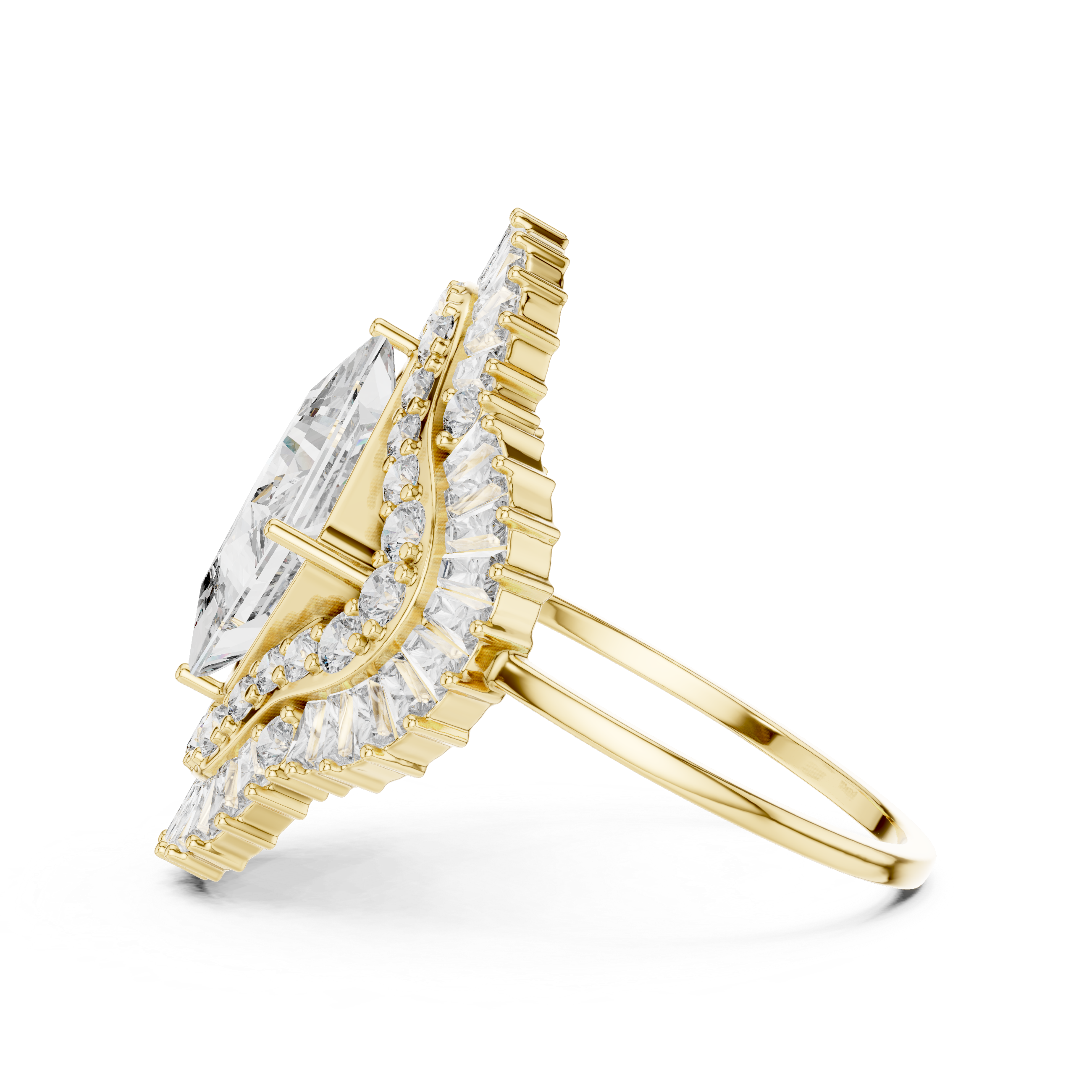 Princess Cut Halo Diamond Statement Ring – Double Halo Baguette Cluster Engagement Ring