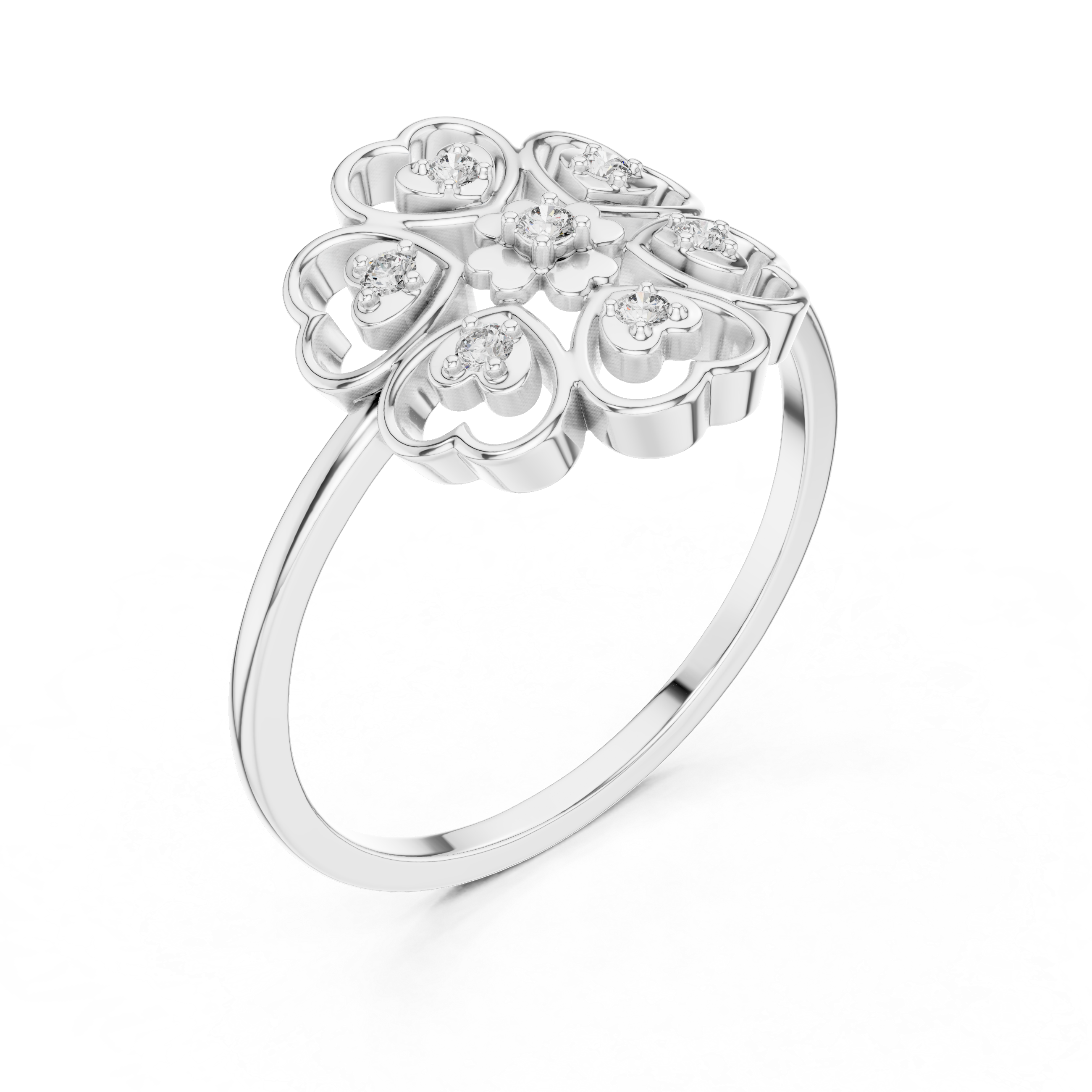 Diamond Heart Flower Ring – Openwork Floral Heart Cluster Ring