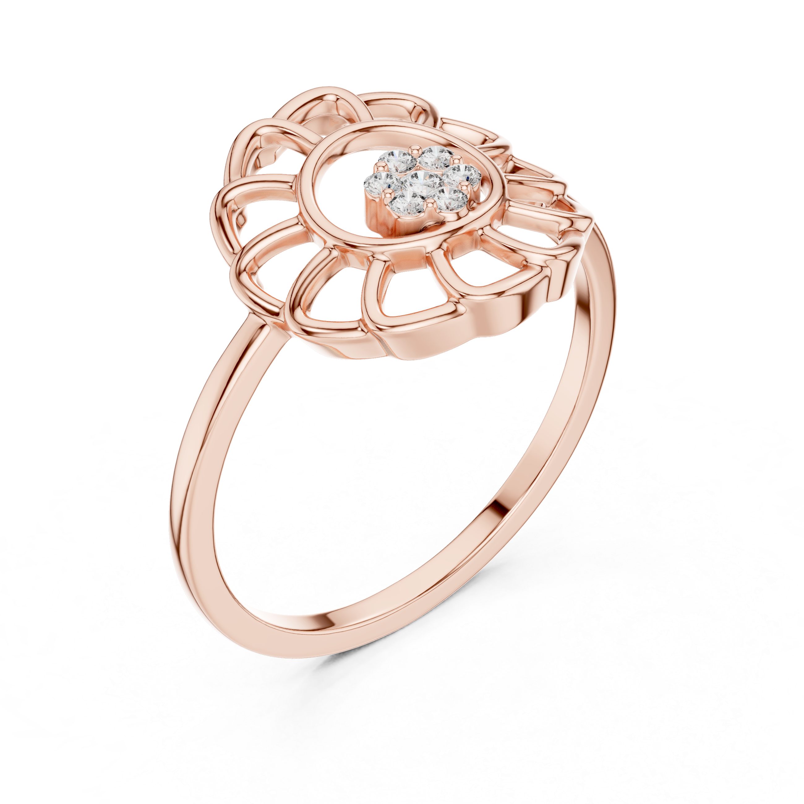 Diamond Sunflower Halo Ring – Openwork Floral Cluster Statement Ring