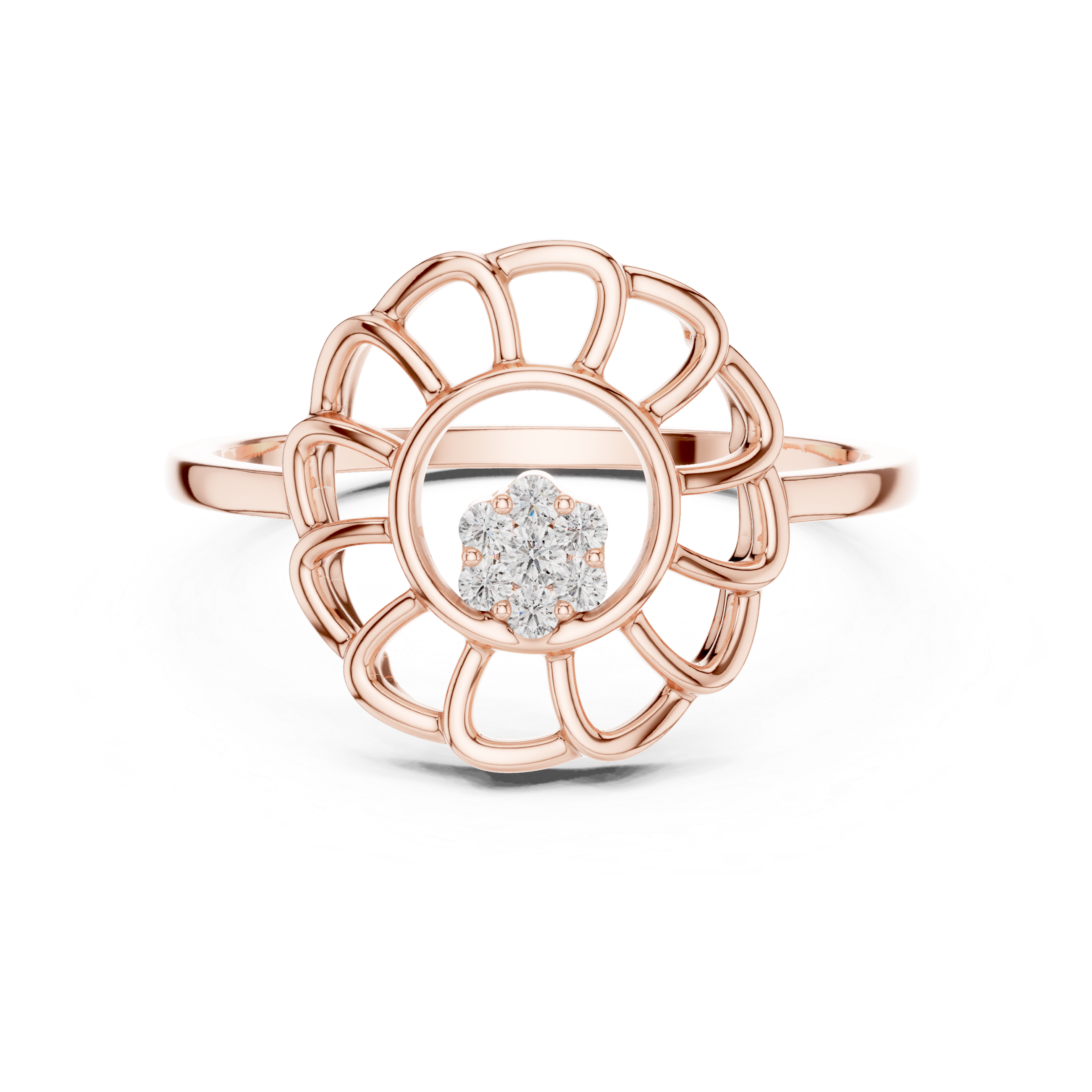 Diamond Sunflower Halo Ring – Openwork Floral Cluster Statement Ring