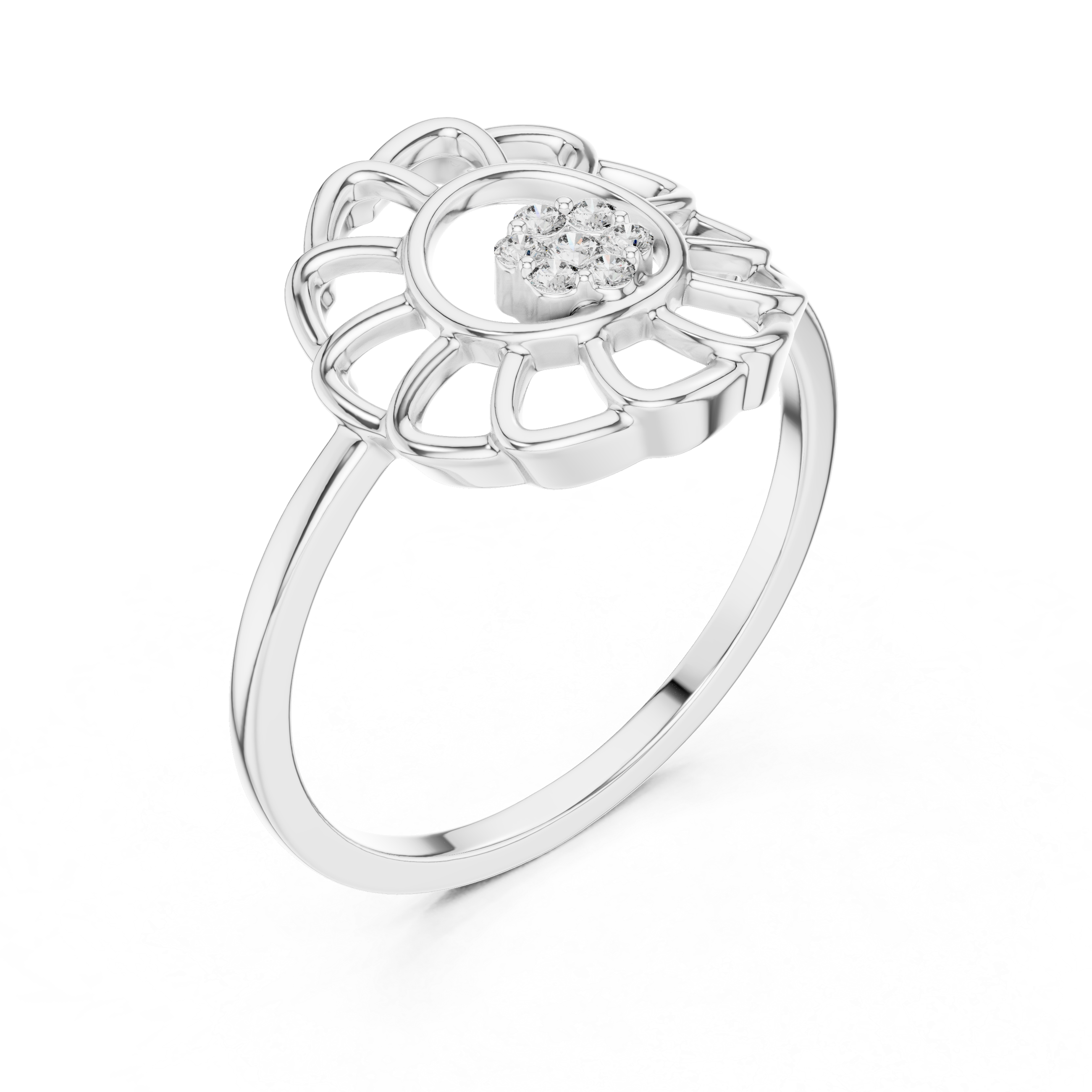 Diamond Sunflower Halo Ring – Openwork Floral Cluster Statement Ring