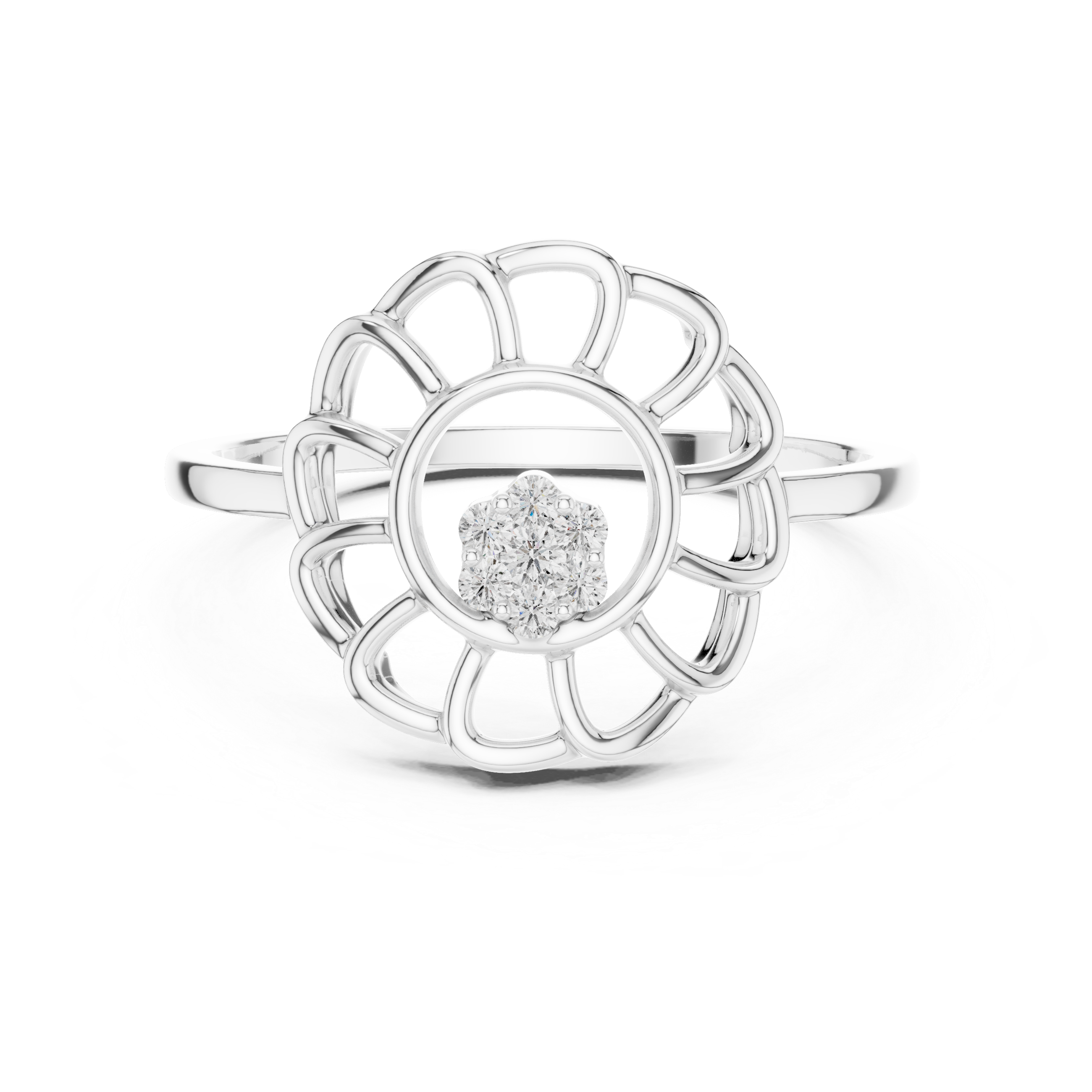 Diamond Sunflower Halo Ring – Openwork Floral Cluster Statement Ring