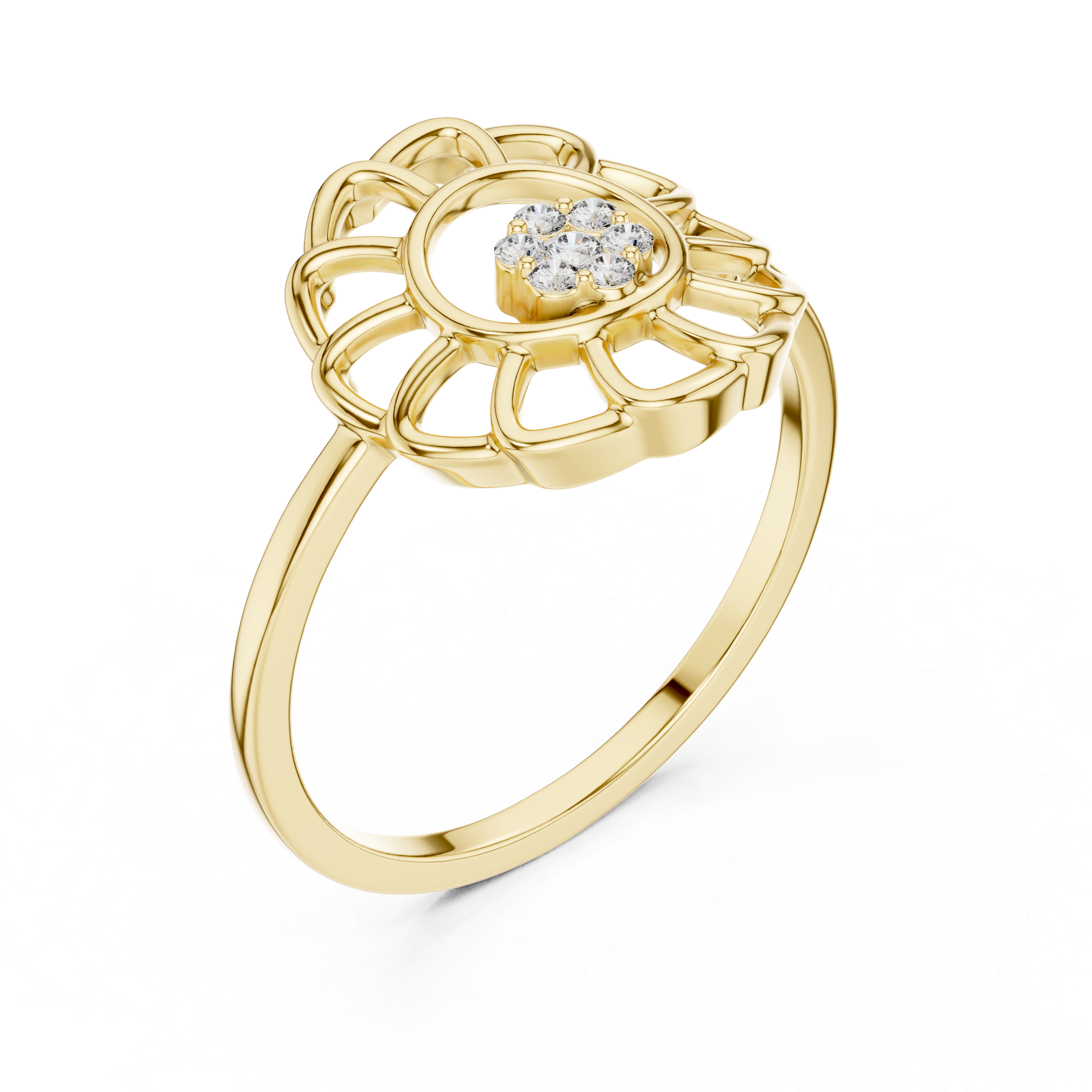 Diamond Sunflower Halo Ring – Openwork Floral Cluster Statement Ring